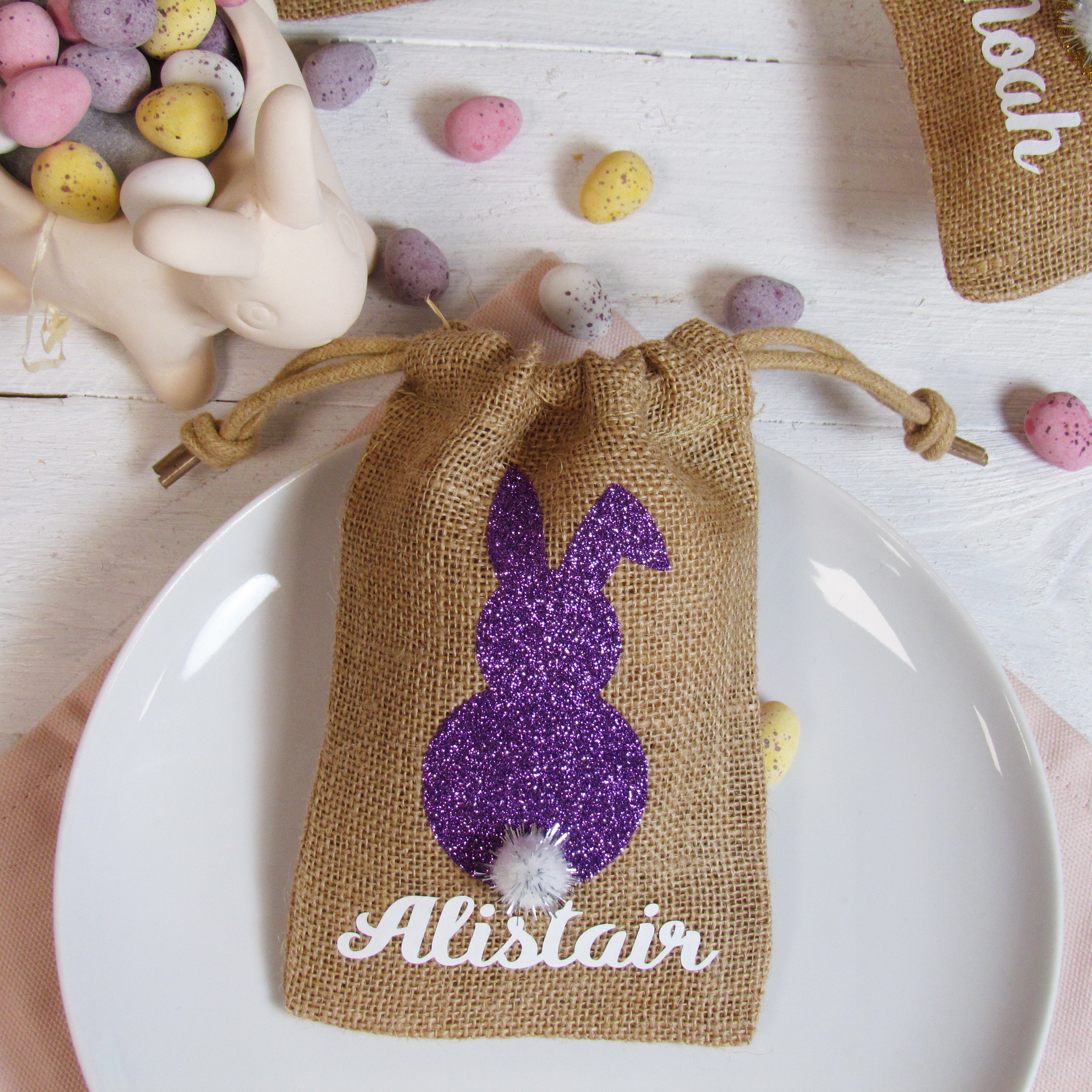 Personalised mini jute bags for Easter treats or place settings