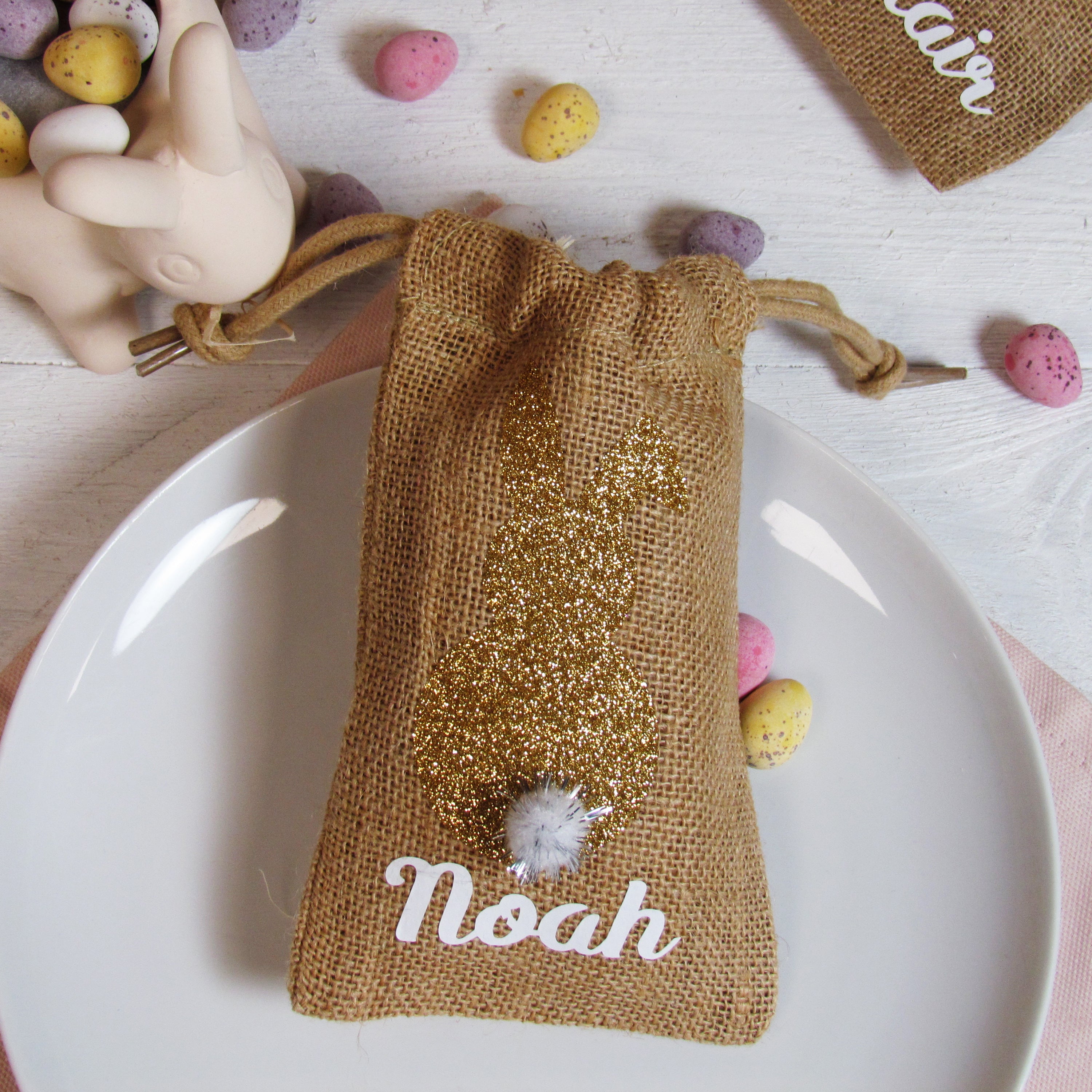 Personalised mini jute bags for Easter treats or place settings
