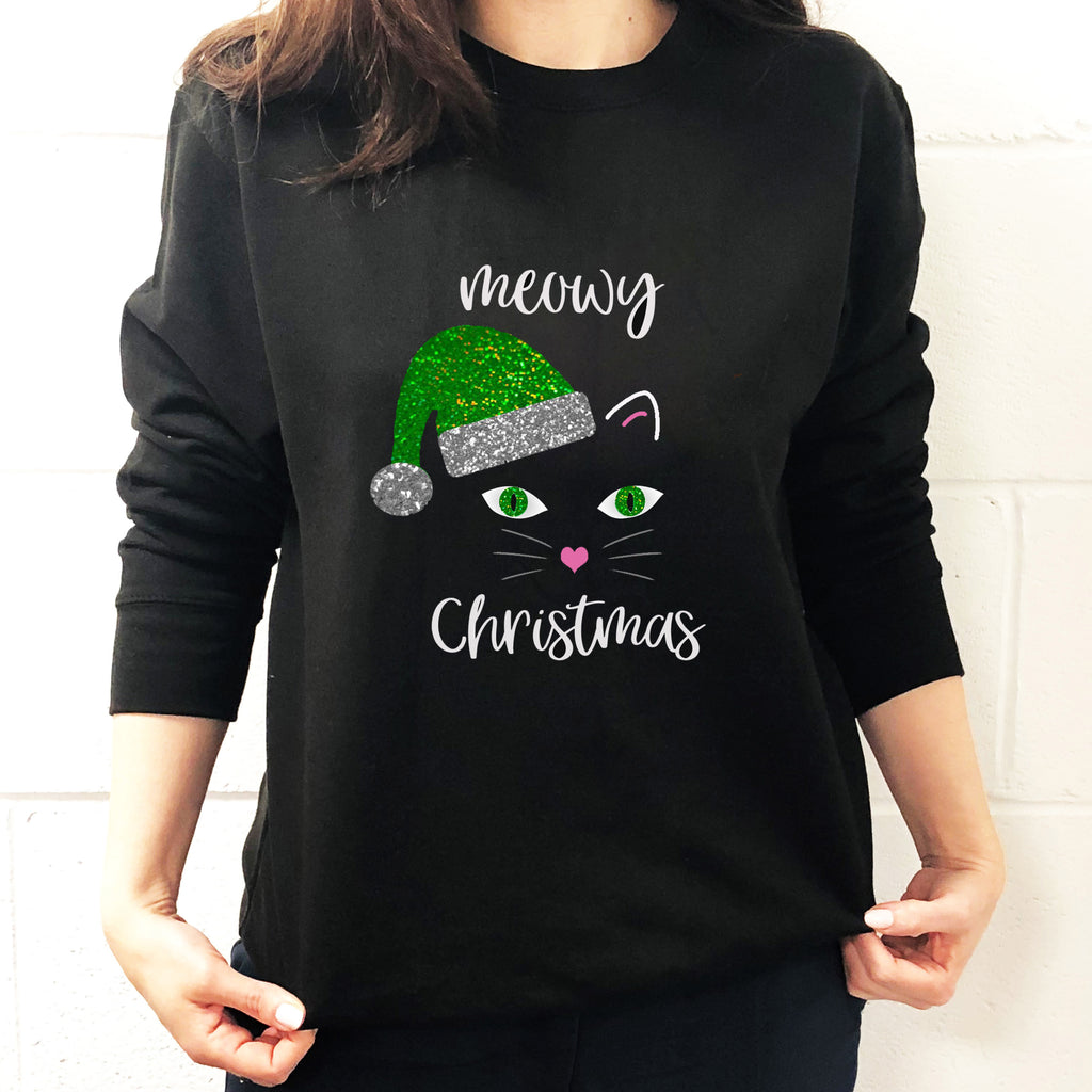 Festive black cat lover Christmas jumper with sparkly design