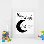 Monochrome 'Good night moon' nursery print with a sleepy crescent moon