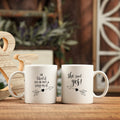 Engagement couples mug set reading 'He liked it so he put a ring on it' and 'She said yes' with arrow design