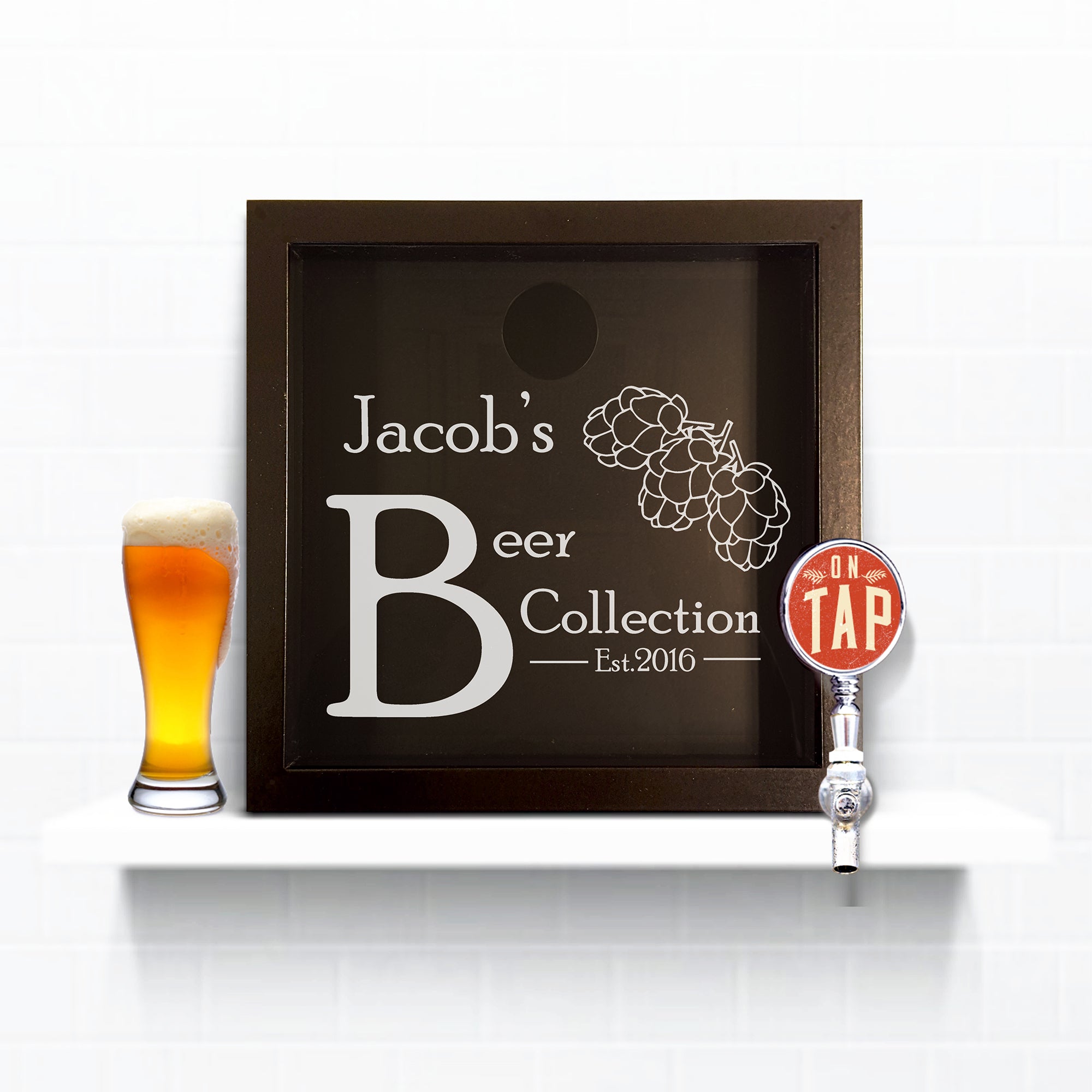 Personalised beer cap collection box with hops design