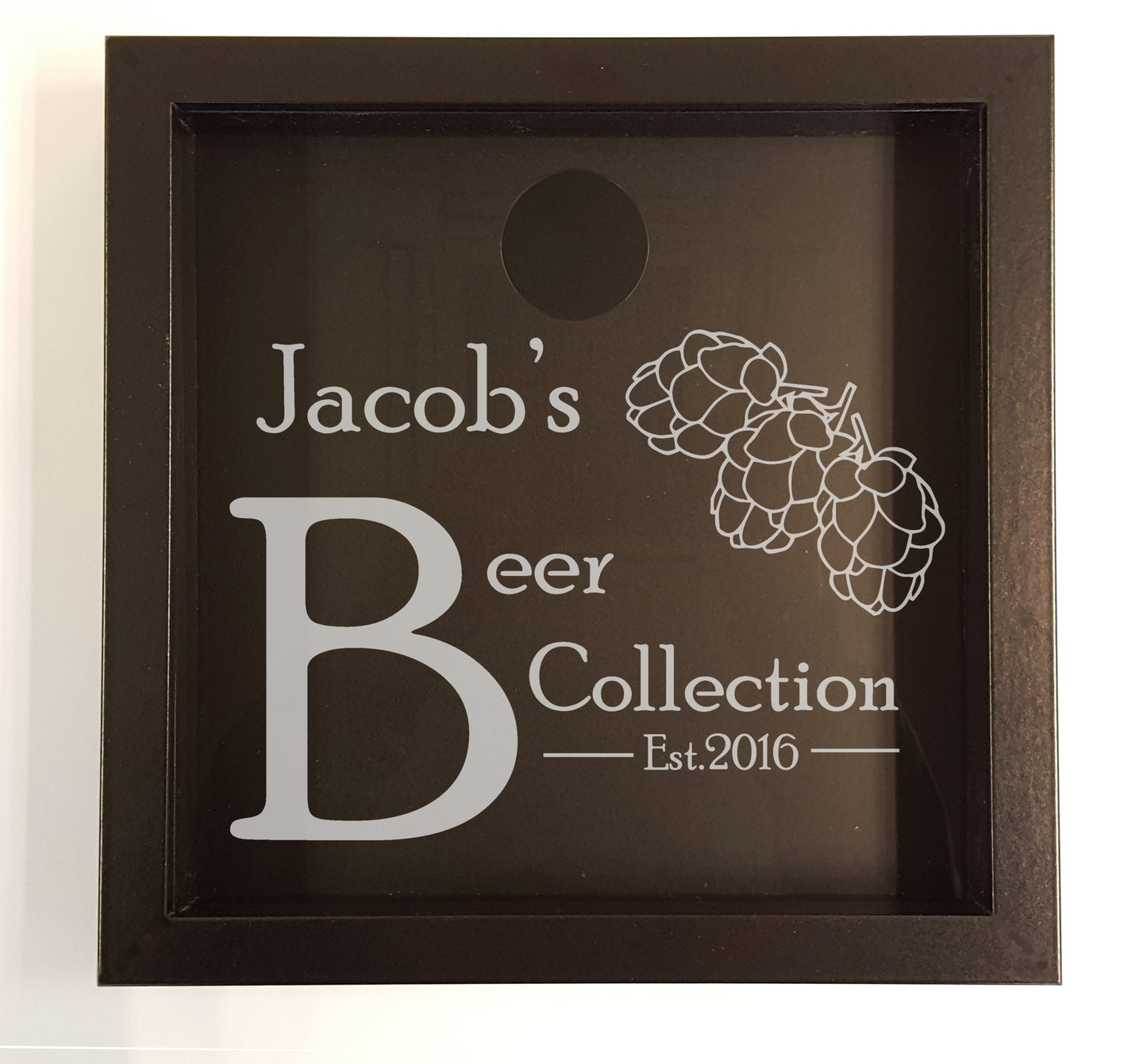 Personalised beer cap collection box with hops design