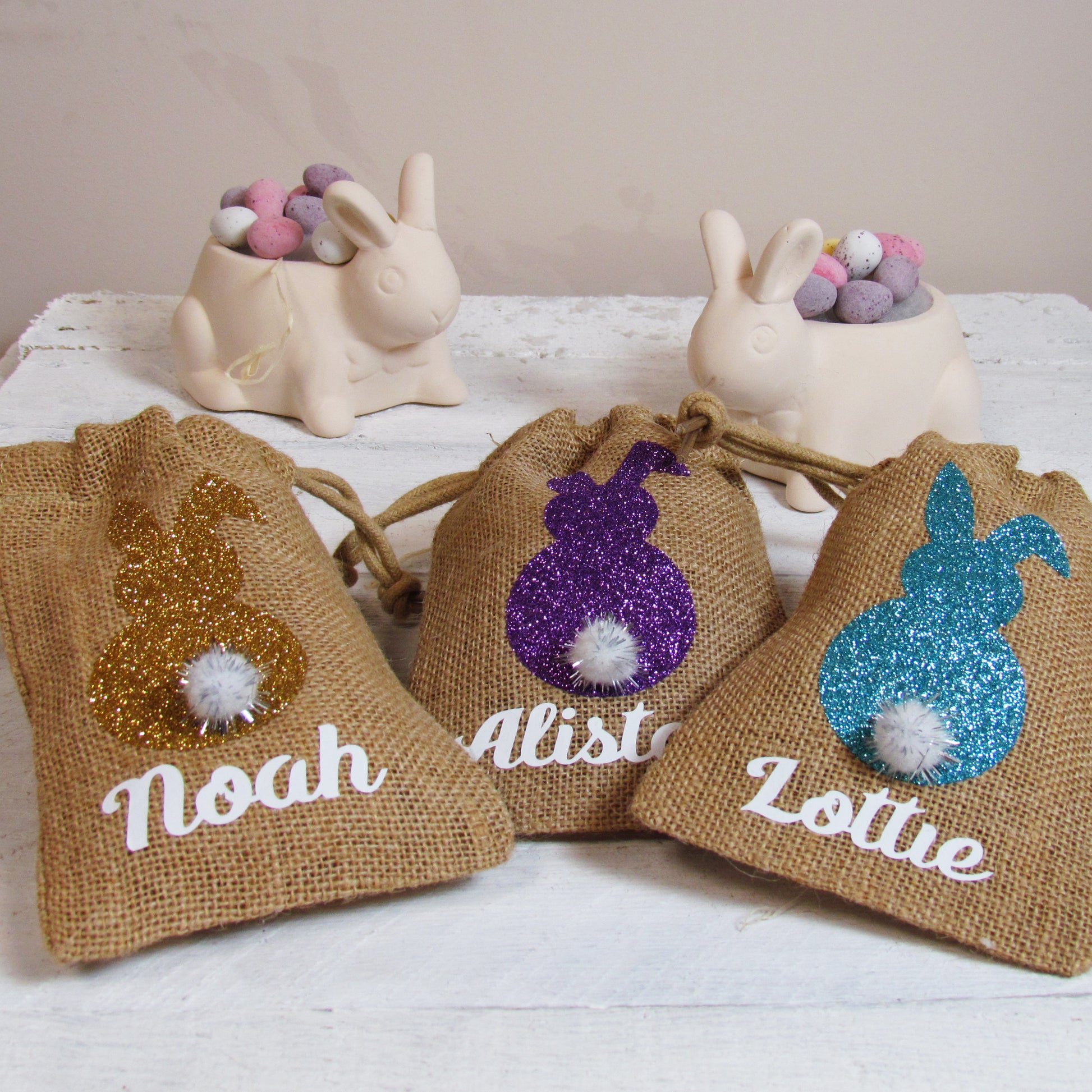 Personalised mini jute bags for Easter treats or place settings