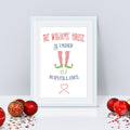 A personalised print featuring the text 'The Williams' House is under surveillance' with an illustration of an elf, Christmas decorations, and the phrase 'elfelfe'.