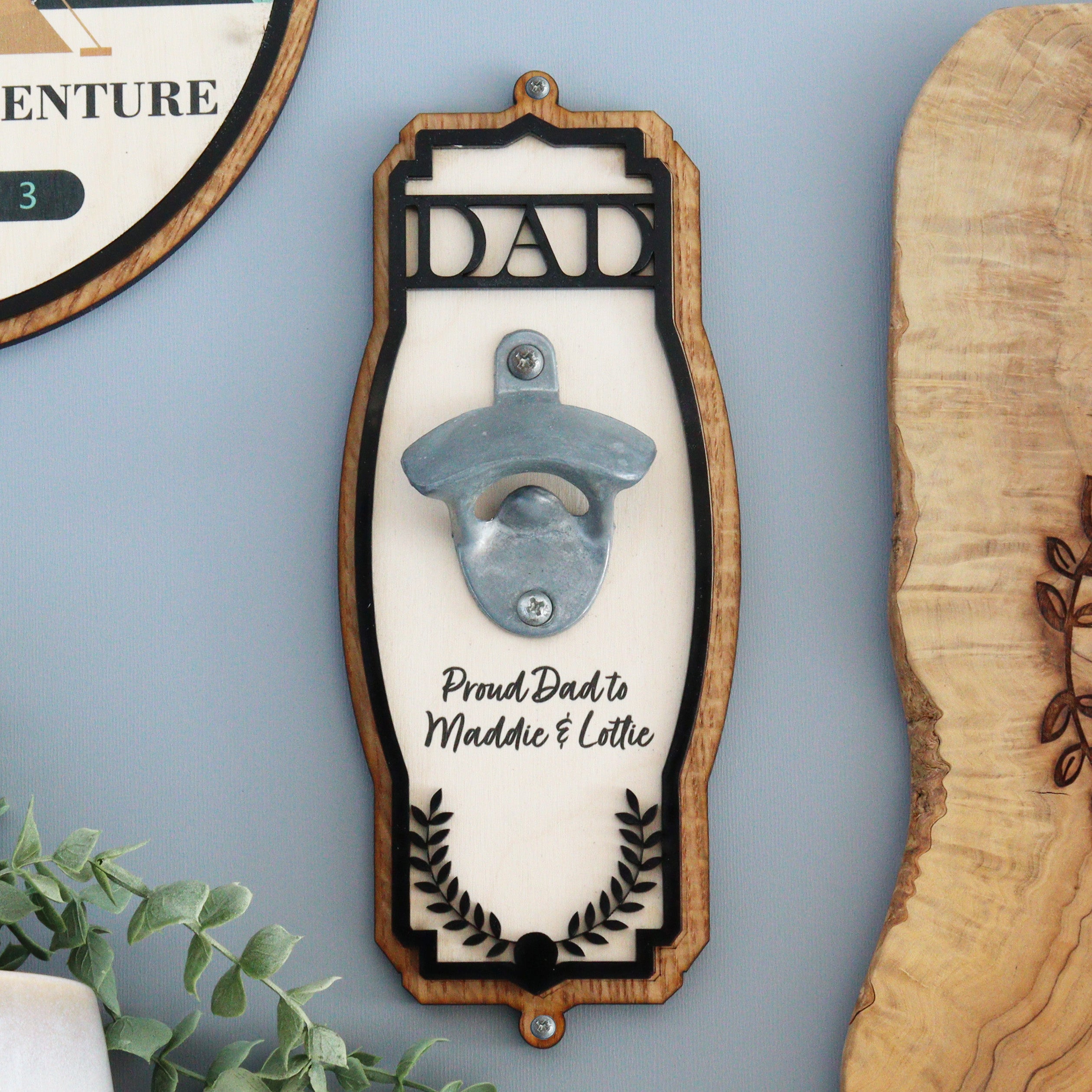Personalised bar bottle opener mounted on wall