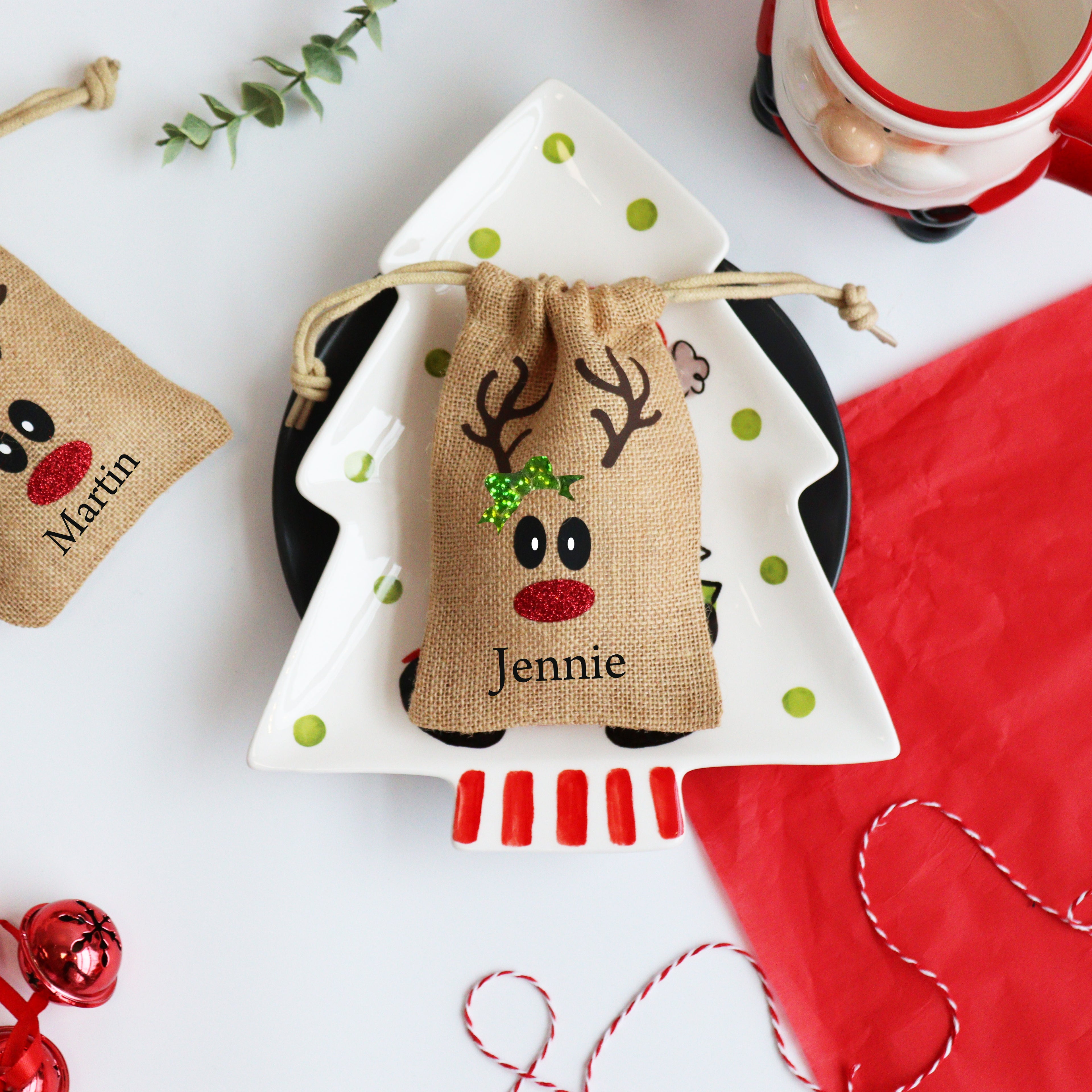 Personalised mini jute Christmas bags with reindeer face