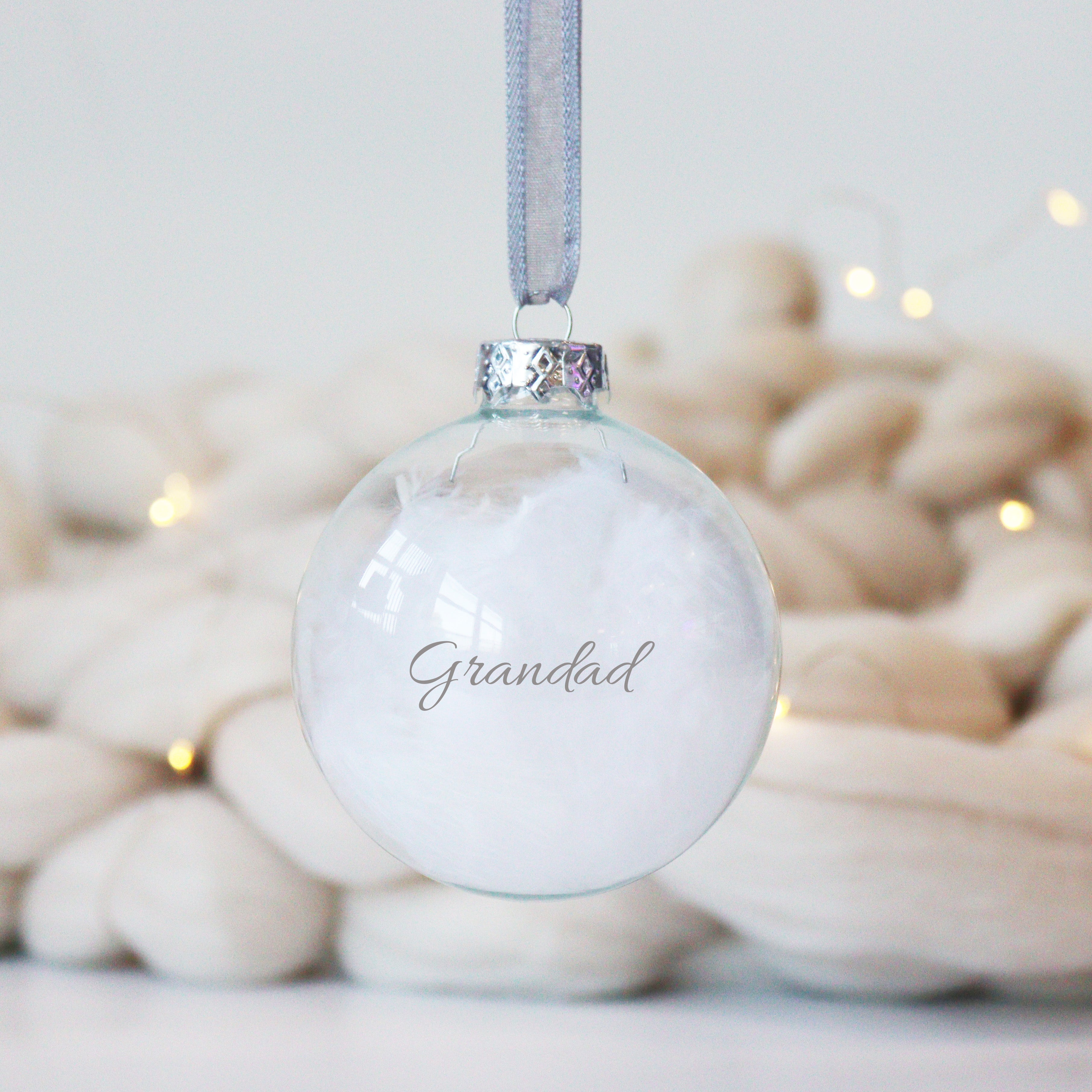 Personalised sympathy feather bauble with silver lettering