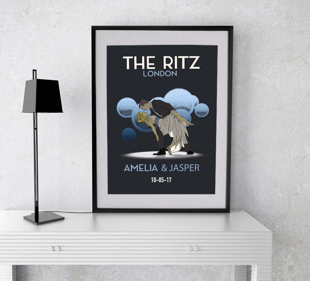 A vintage-style wedding print featuring a couple dancing with a blue moonlit background, customizable with names and date.