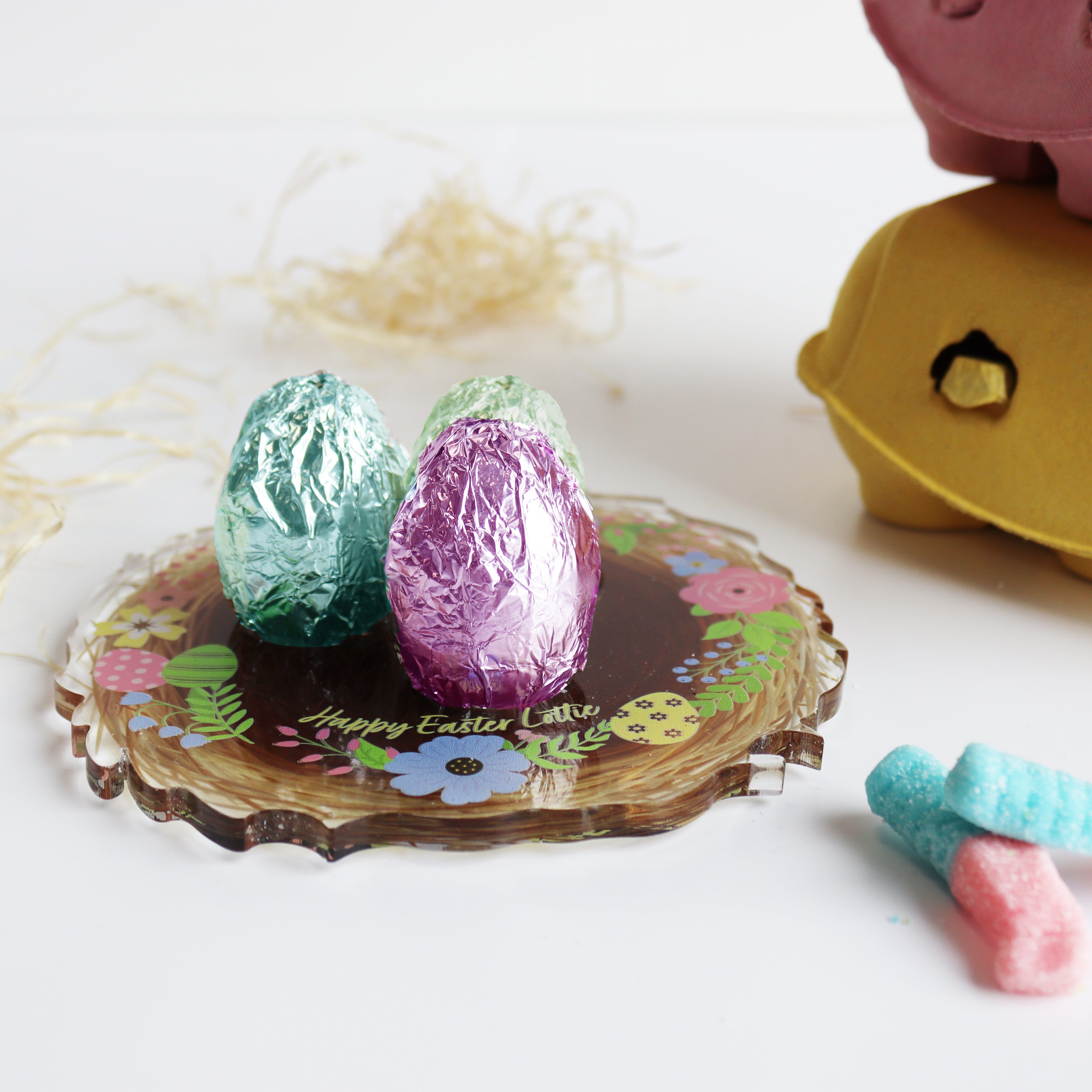 Personalised easter birds nest for adding easter eggs easter treat board creme egg