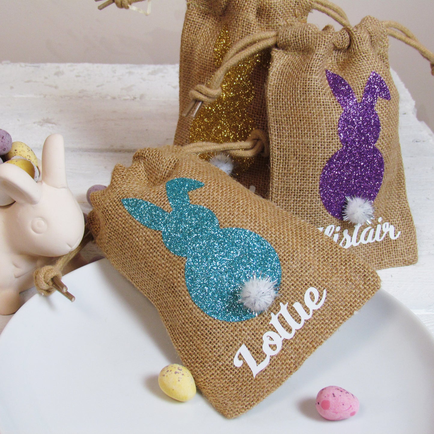 Personalised mini jute bags for Easter treats or place settings
