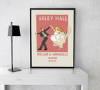 Close-up of personalised names, date, venue, and couple details on vintage wedding print
