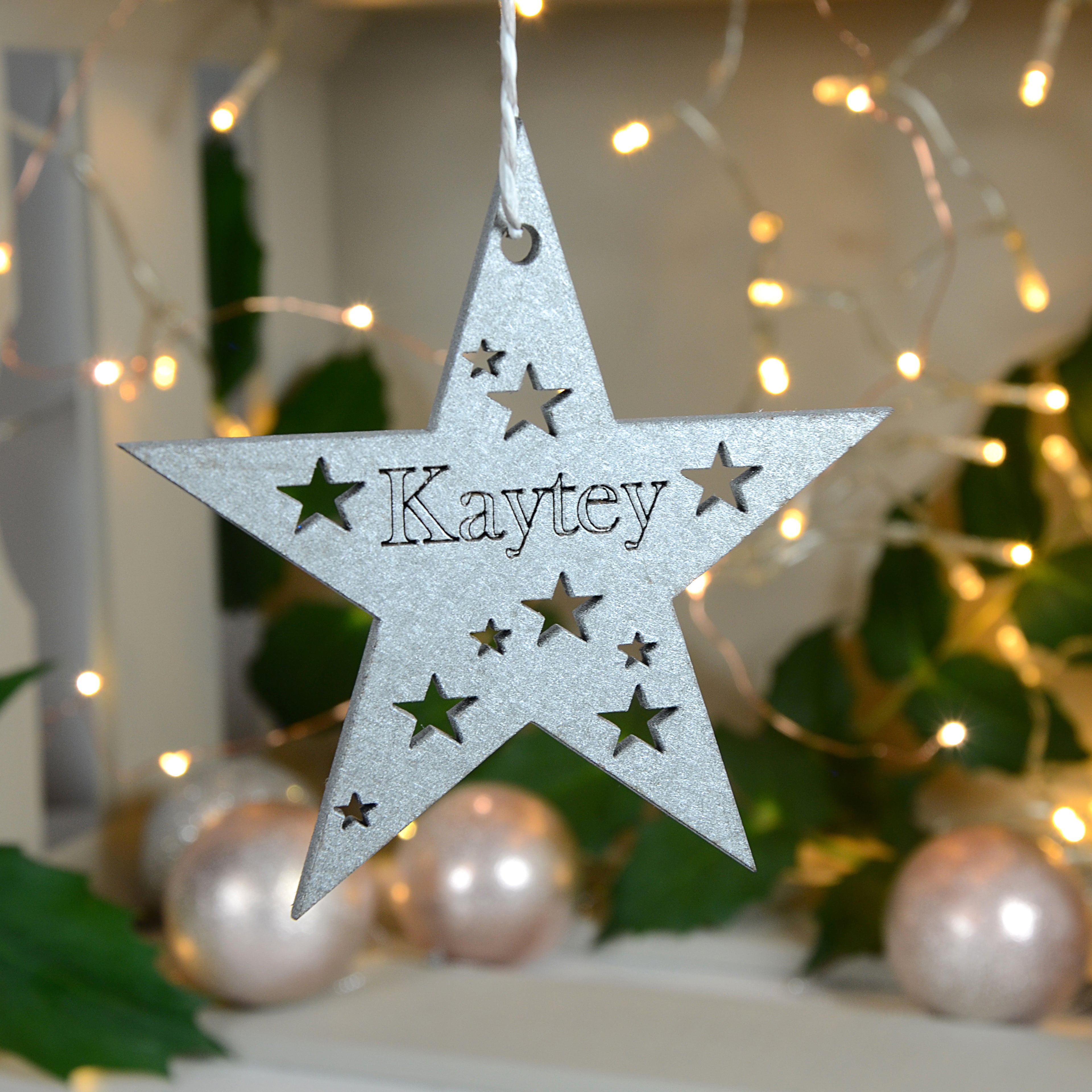 Silver shimmer wooden Christmas bauble personalised up to 10 characters