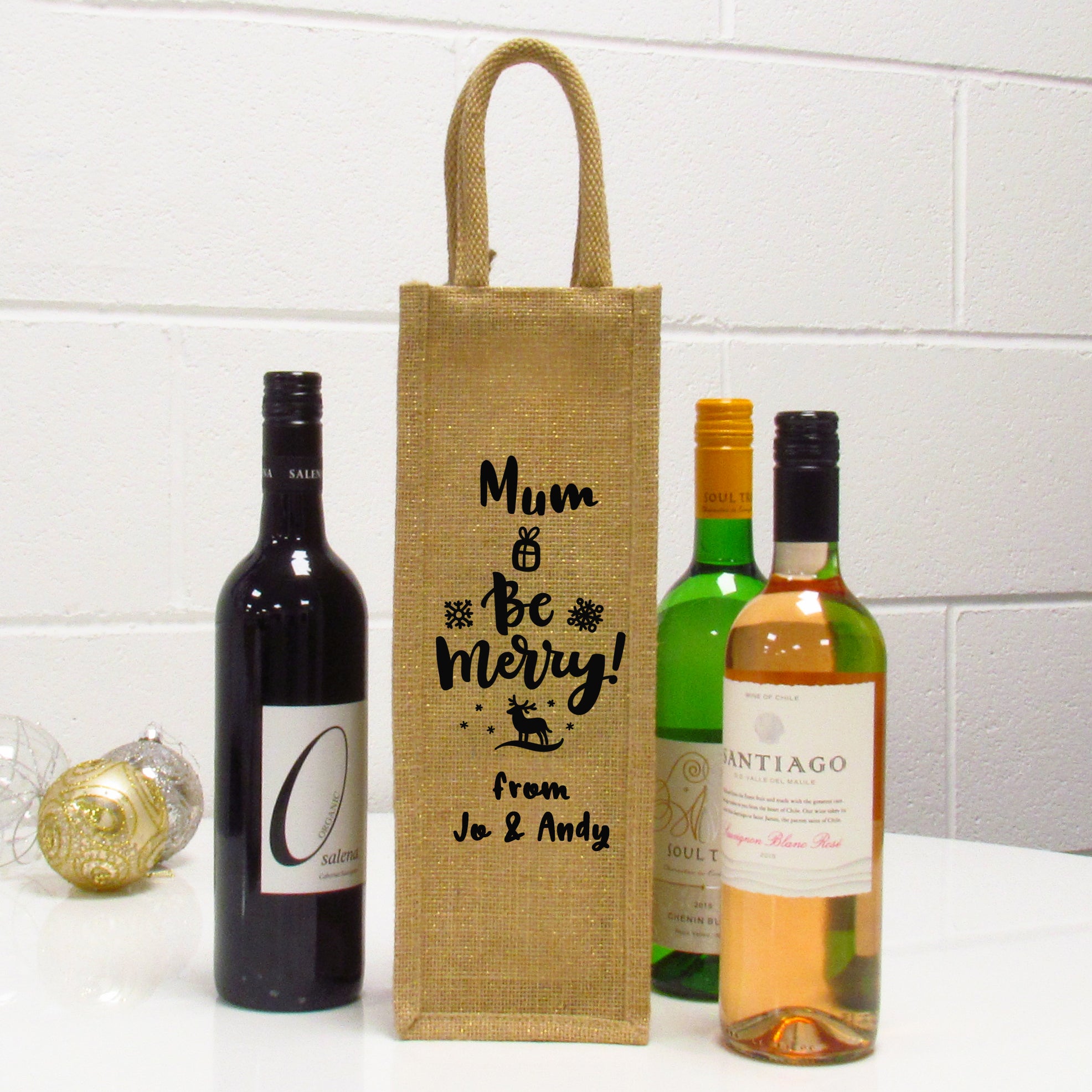 Personalised glitter jute bottle bag