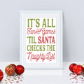 A colorful Christmas-themed print with the phrase 'It's all fun and games 'til Santa checks the naughty list' on a white background, surrounded by Christmas decorations.