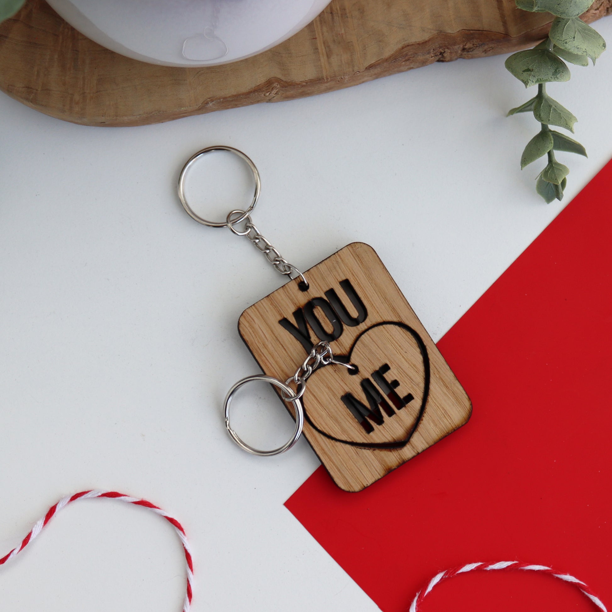 You and me heart wooden valentine&#39;s keyring