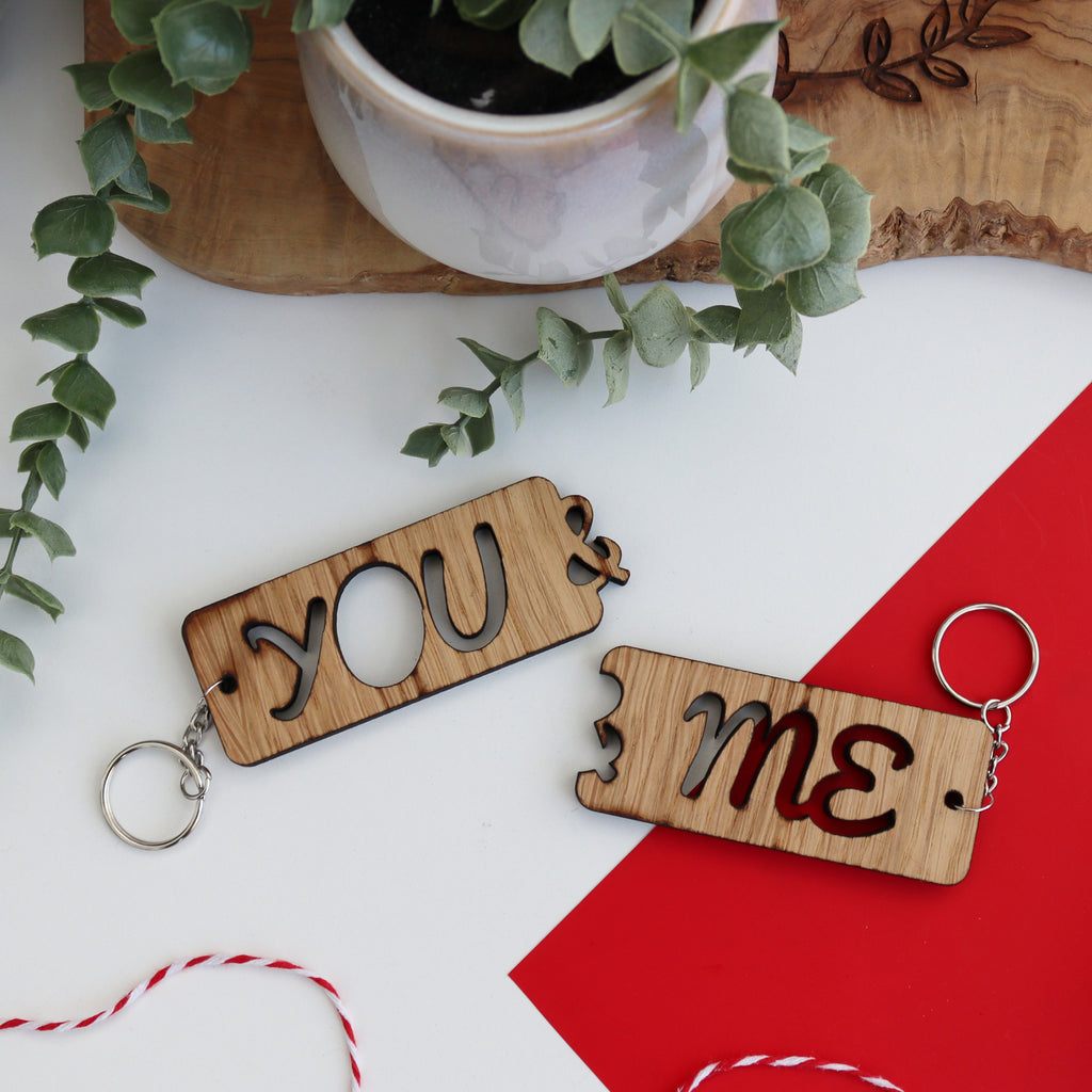 You and me valentines keyring set wooden keyring couples set