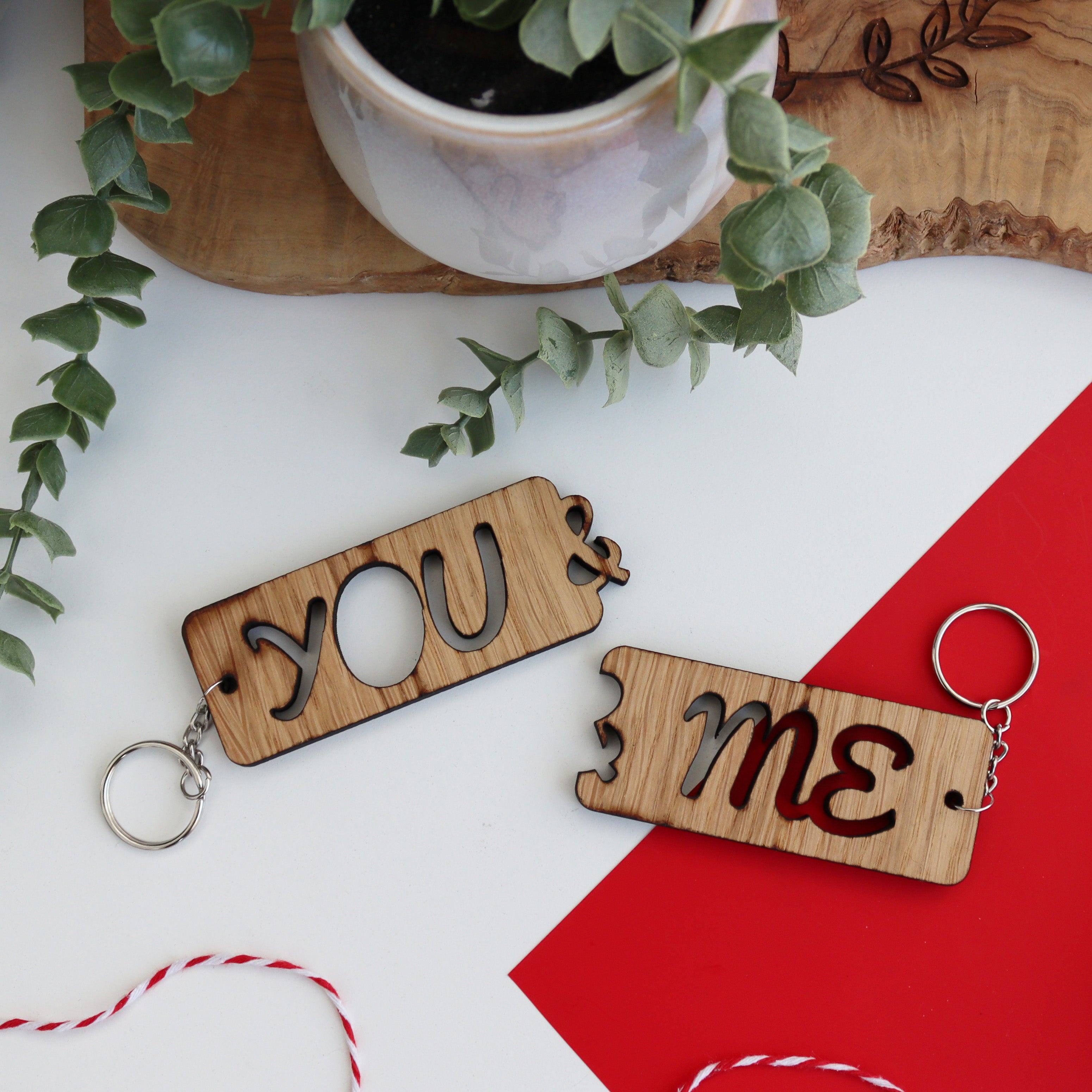 You and me valentines keyring set wooden keyring couples set