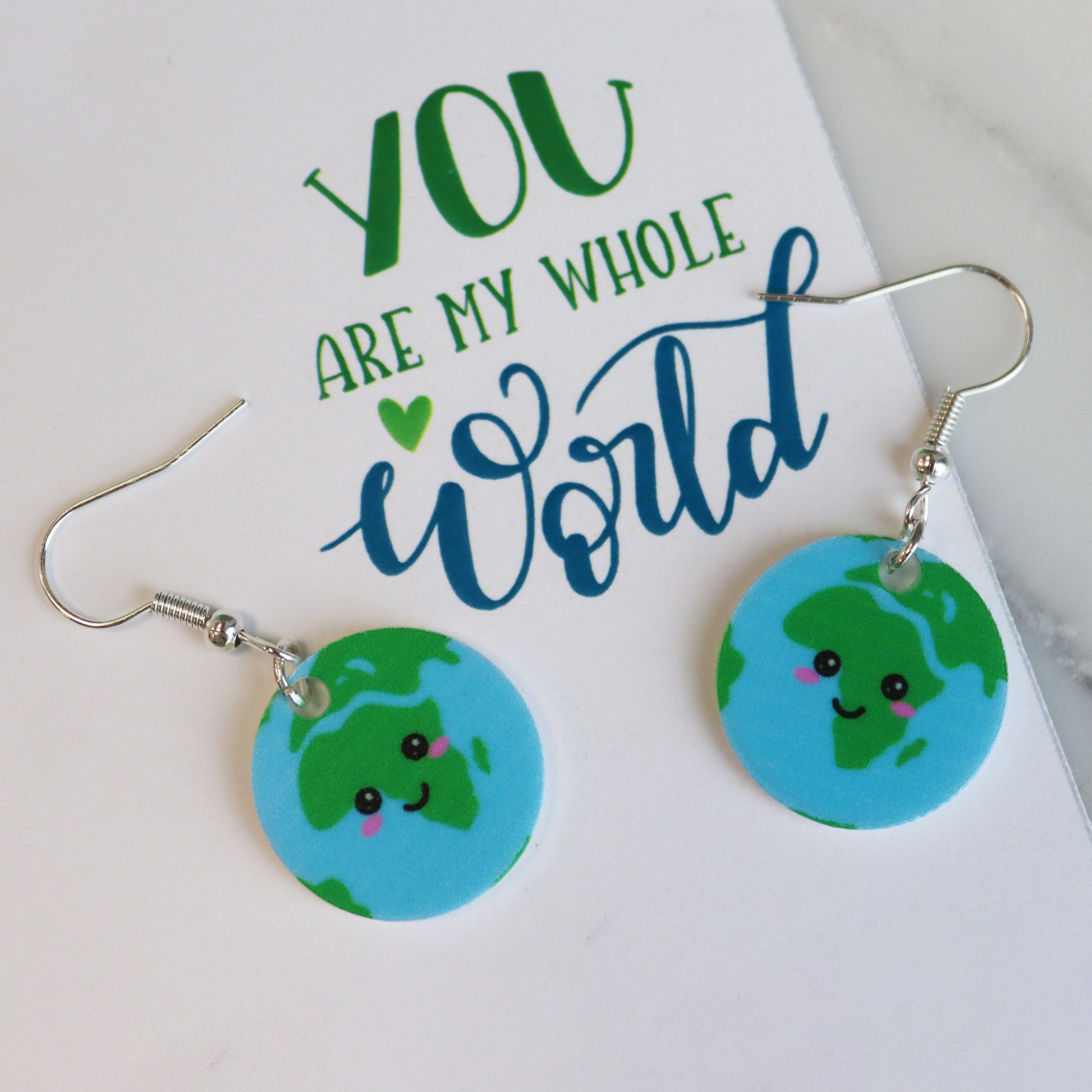 You are my whole world fun kawaii based earth earrings shown in white background gift for Valentine&#39;s Day