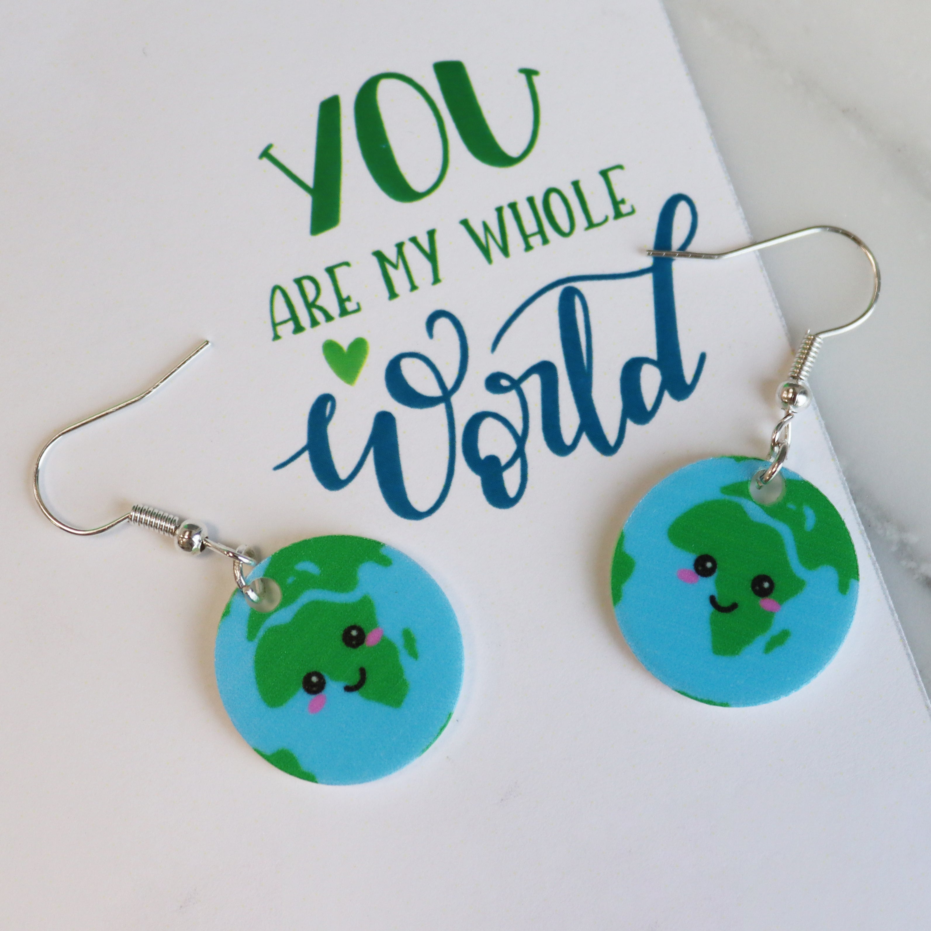 You are my whole world fun kawaii based earth earrings shown in white background gift for Valentine's Day