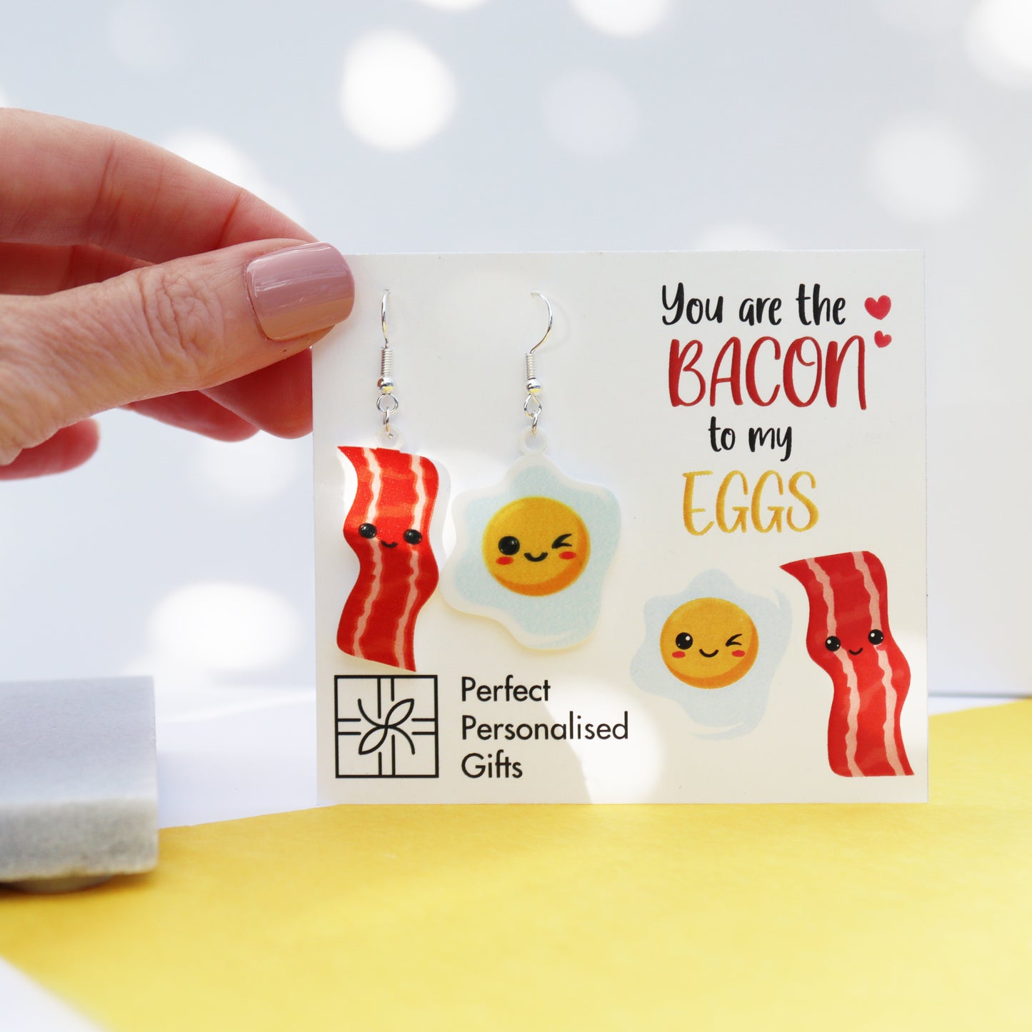 acrylic bacon to my eggs acrylic printed earrrings valentine&#39;s day earrings funny valentines earrings dangly earrings
