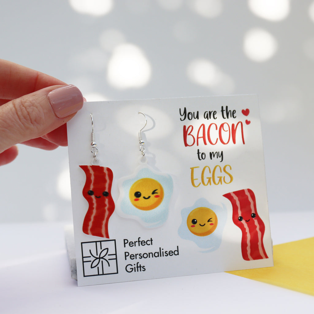 acrylic bacon to my egg acrylic printed earrrings valentine's day earrings funny joke earrings