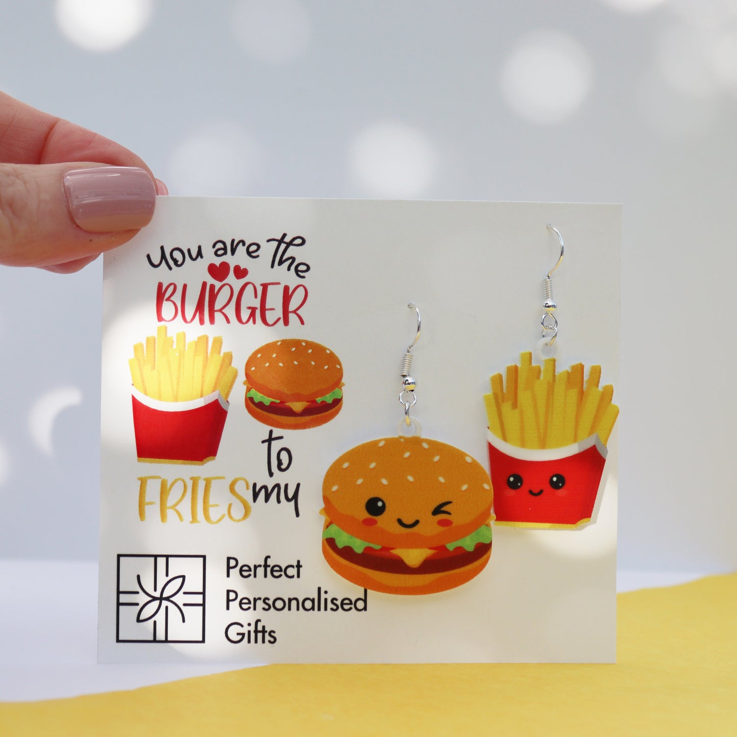 acrylic burger to my fries acrylic printed earrrings valentine&#39;s day earrings funny valentines earrings