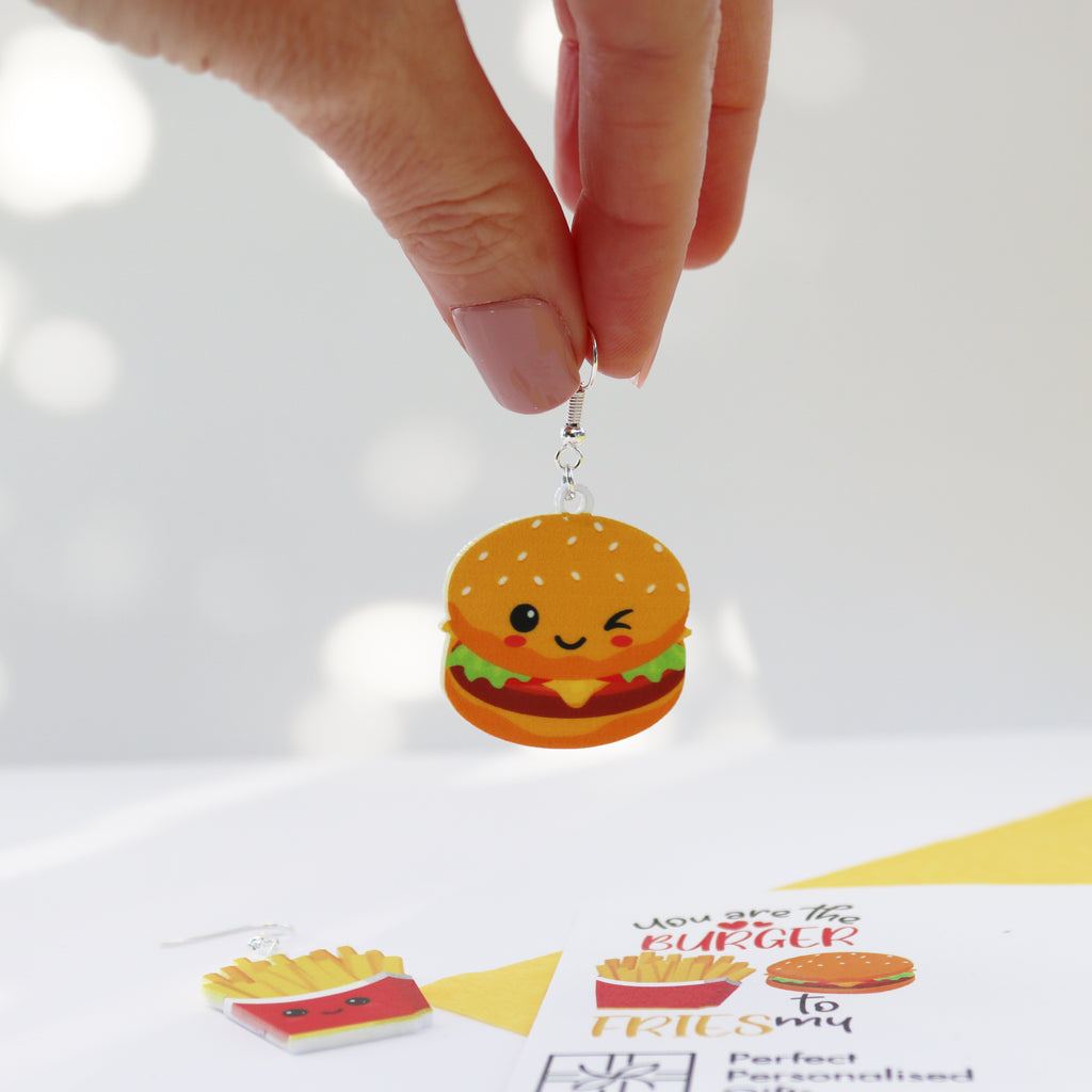 acrylic burger to my fries acrylic printed earrrings valentine's day earrings funny valentines earrings close up of burger