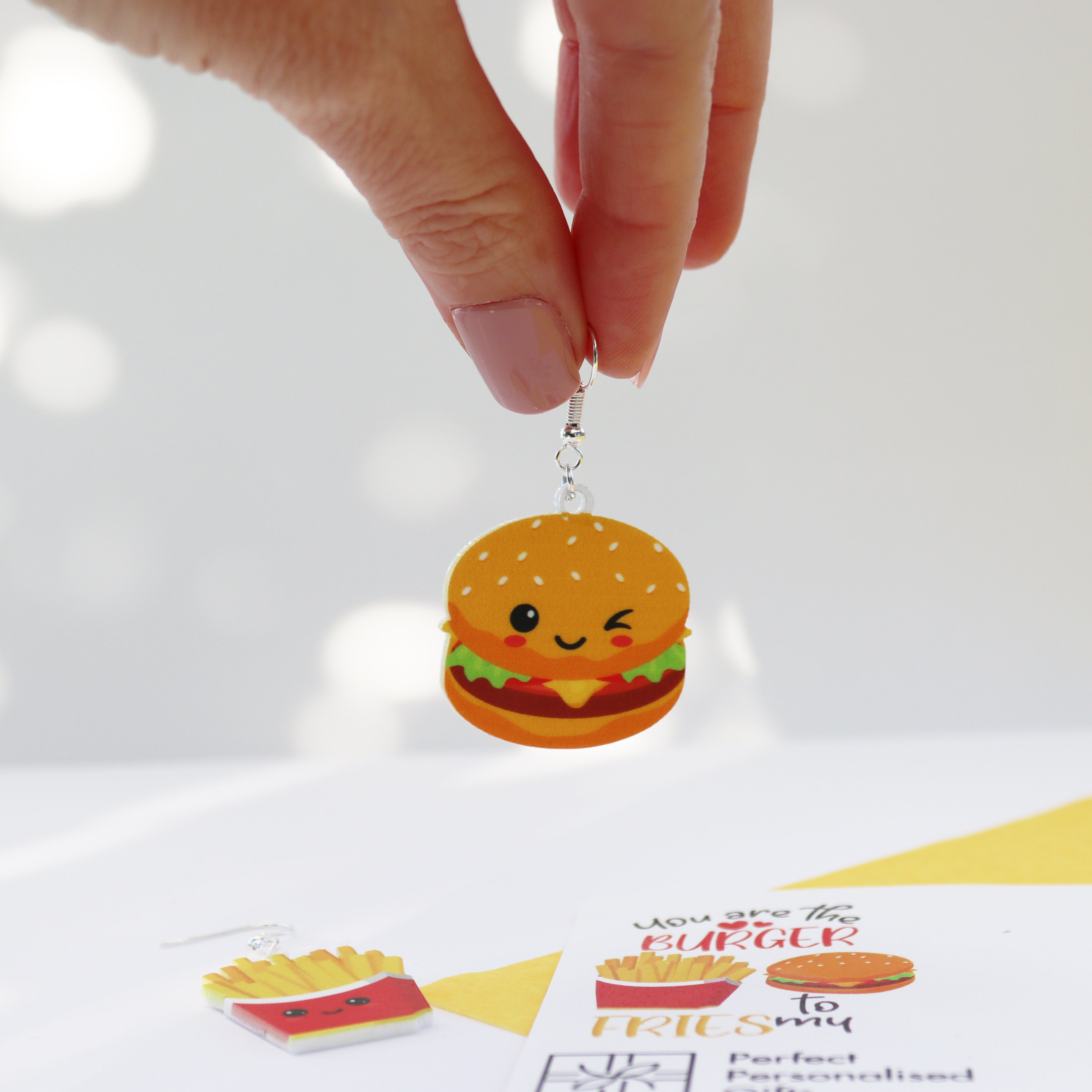 acrylic burger to my fries acrylic printed earrrings valentine's day earrings funny valentines earrings close up of burger