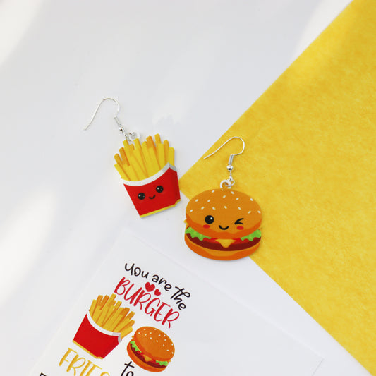 acrylic burger to my fries acrylic printed earrrings valentine&#39;s day earrings funny valentines earrings dangly earrings