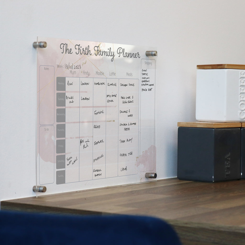 activity planner personalised family organiser wipe clean acrylic family meal planner wall planner gold and rose