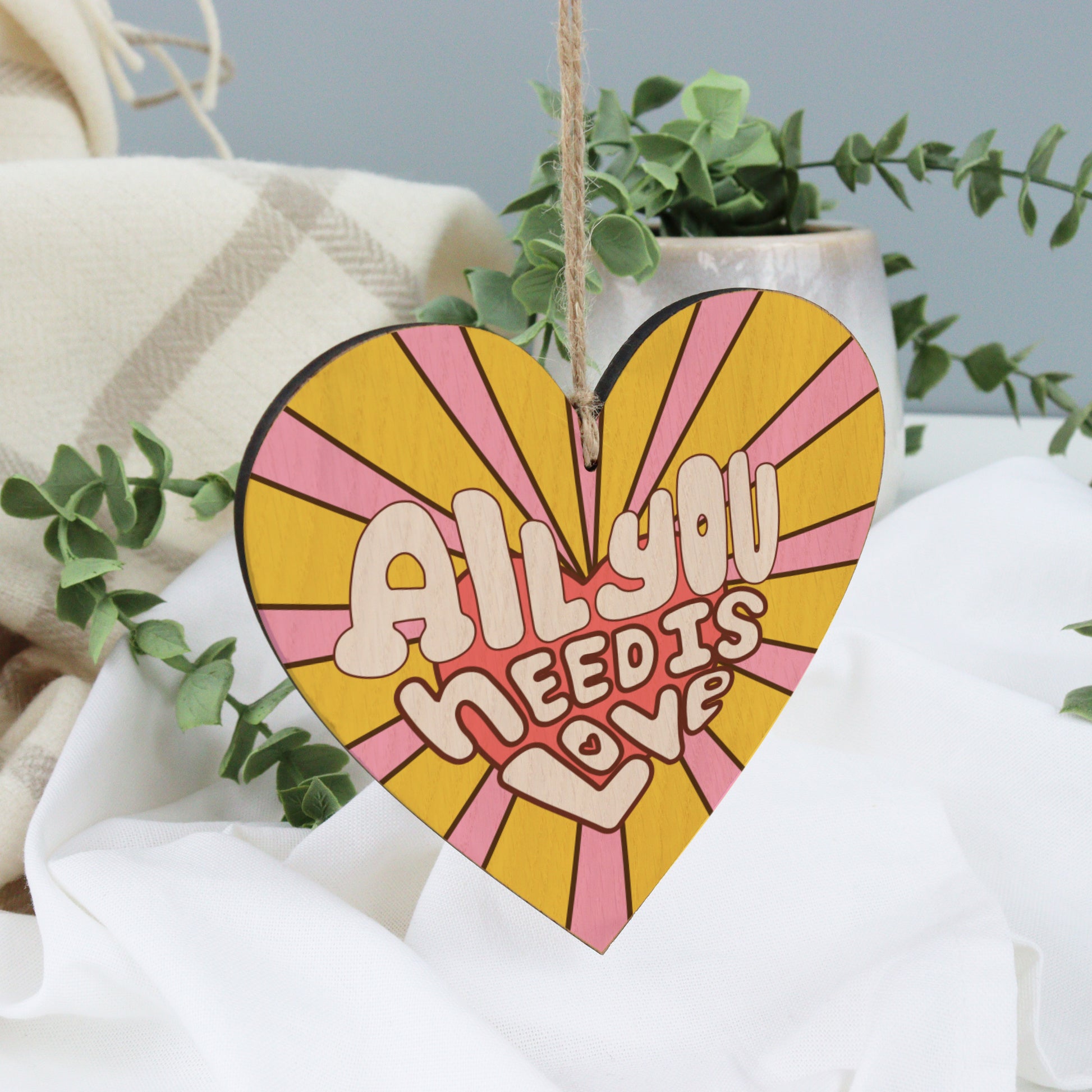 all you need is love hanging wooden retro heart