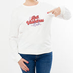 Anti Valentine's white jumper with retro print modelled with jeans