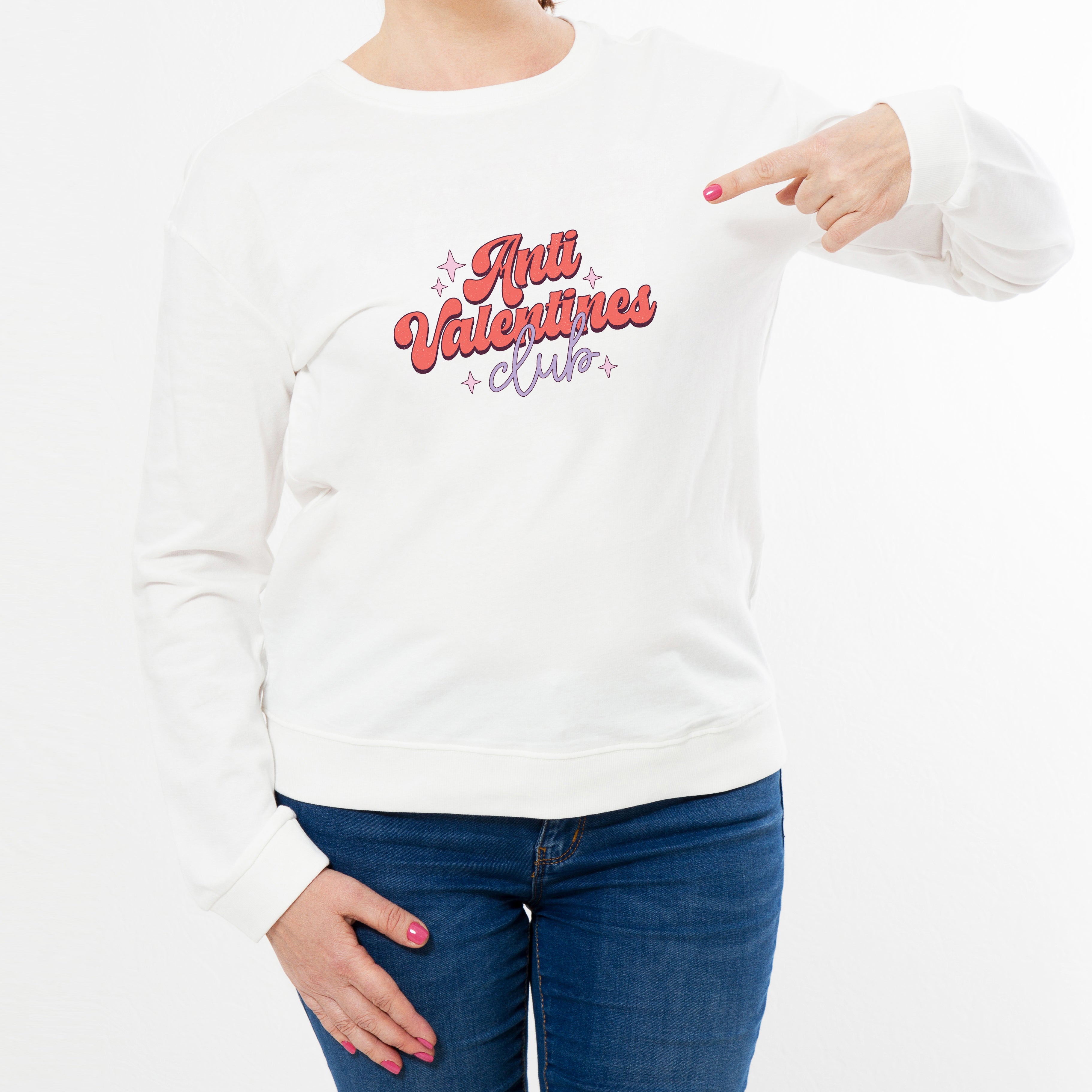 Anti Valentine's white jumper with retro print modelled with jeans