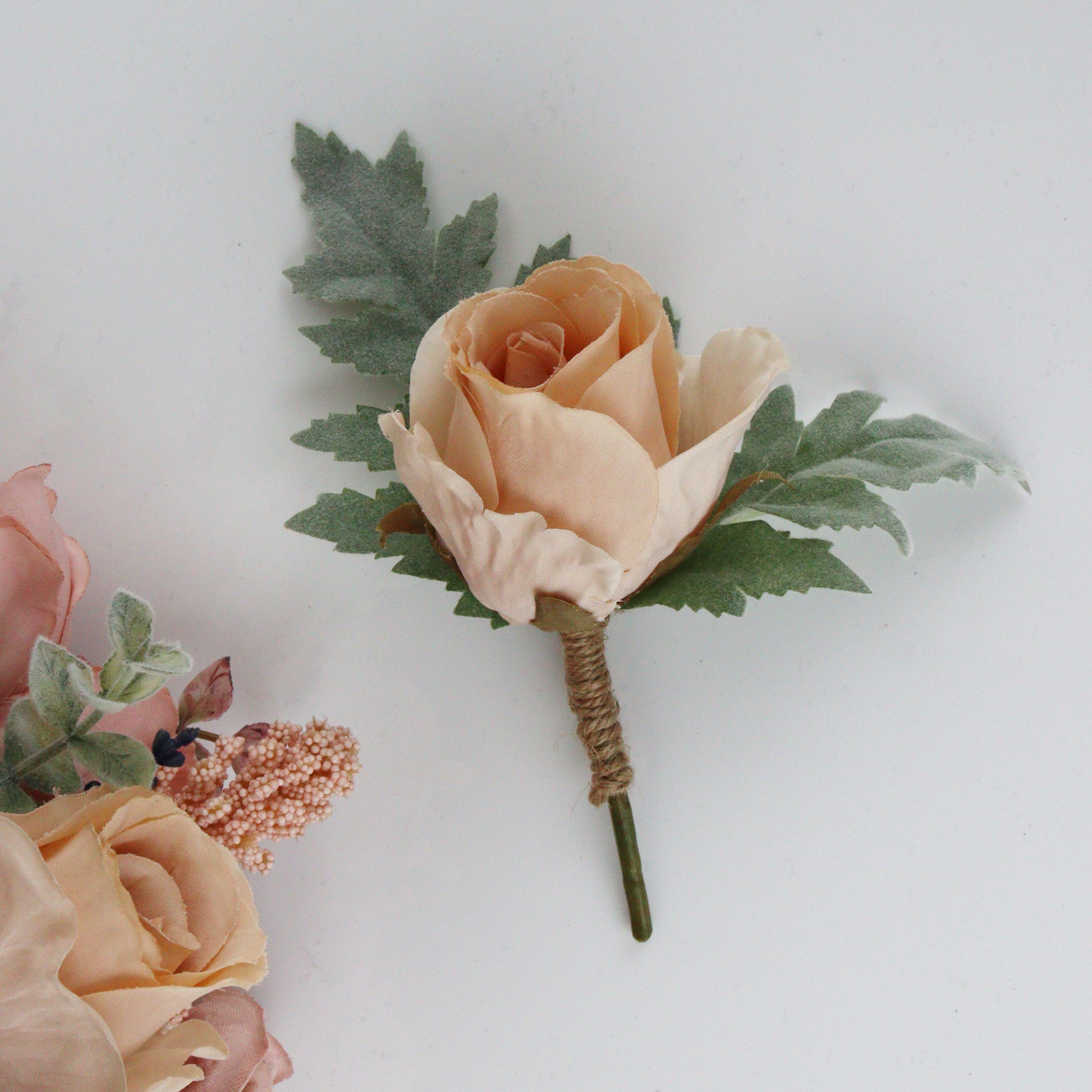 artificial flower silk buttonholes wedding florals silk flowers bouttoniere peach pink rose vintage buttonhole
