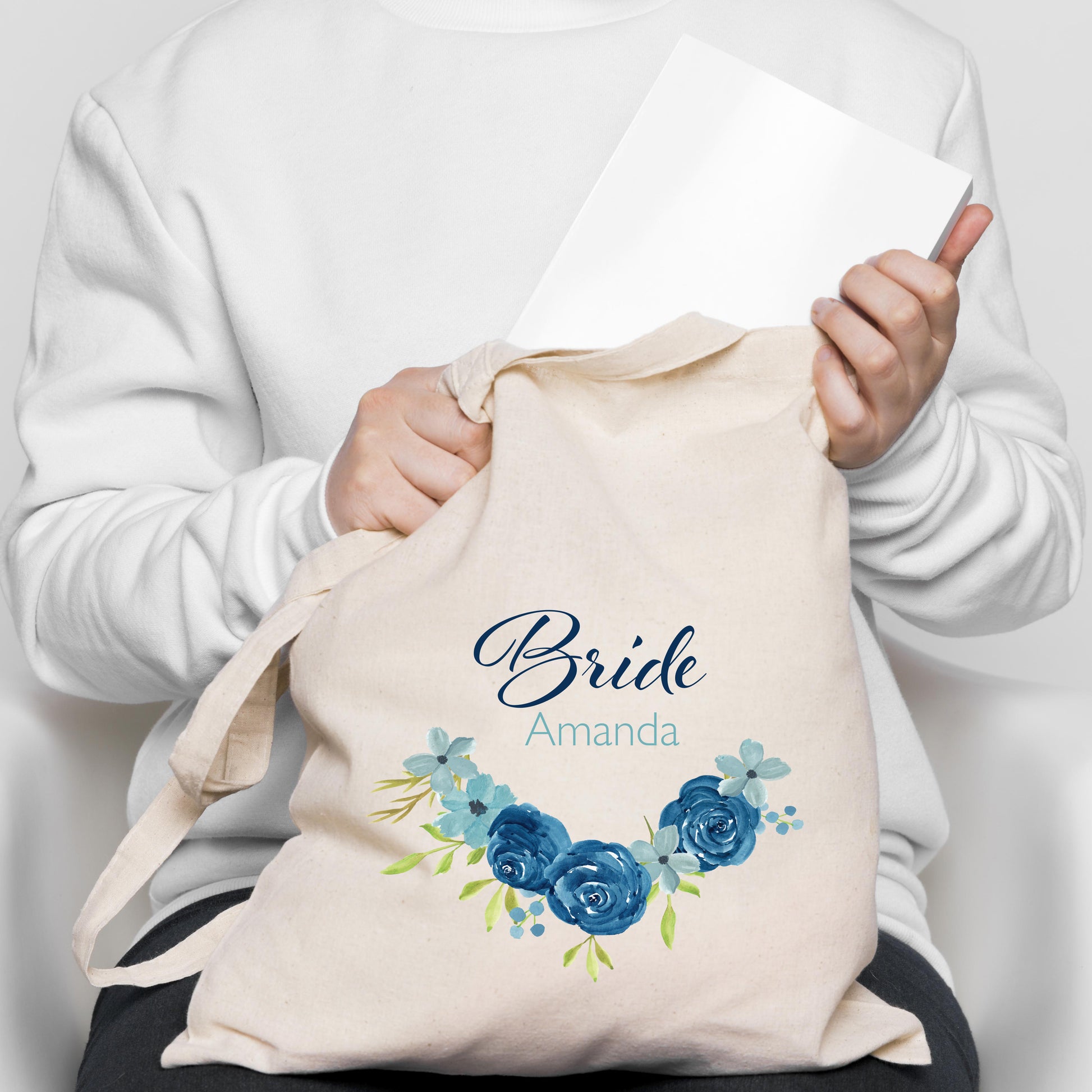 Personalised blue flower printed bridal party tote bag