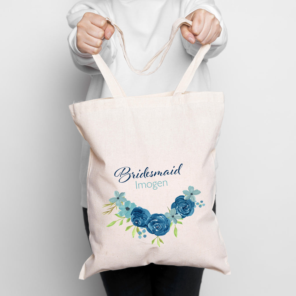 Personalised blue flower printed bridal party tote bag