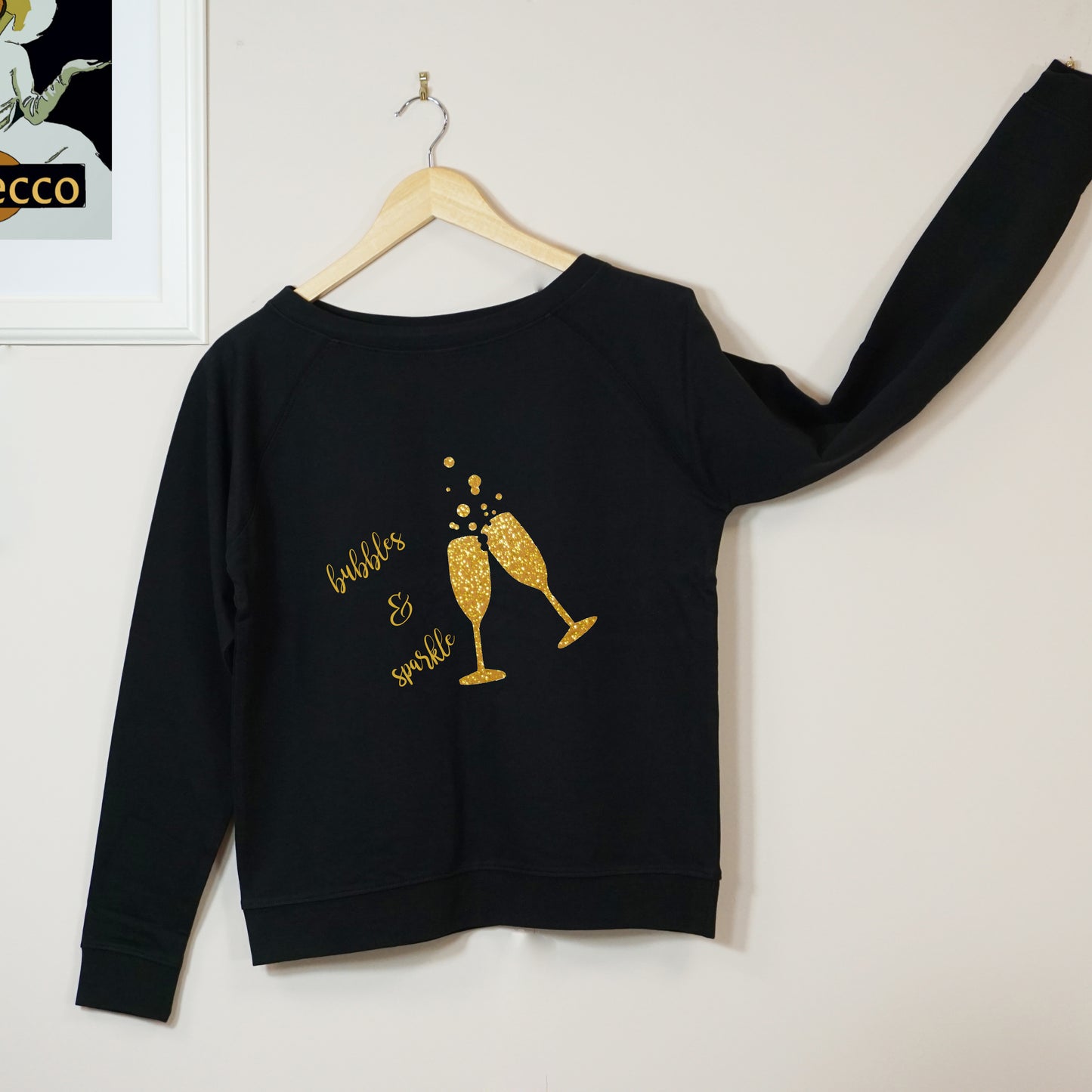 Black bubbles and sparkle celebration jumper with gold glitter decal