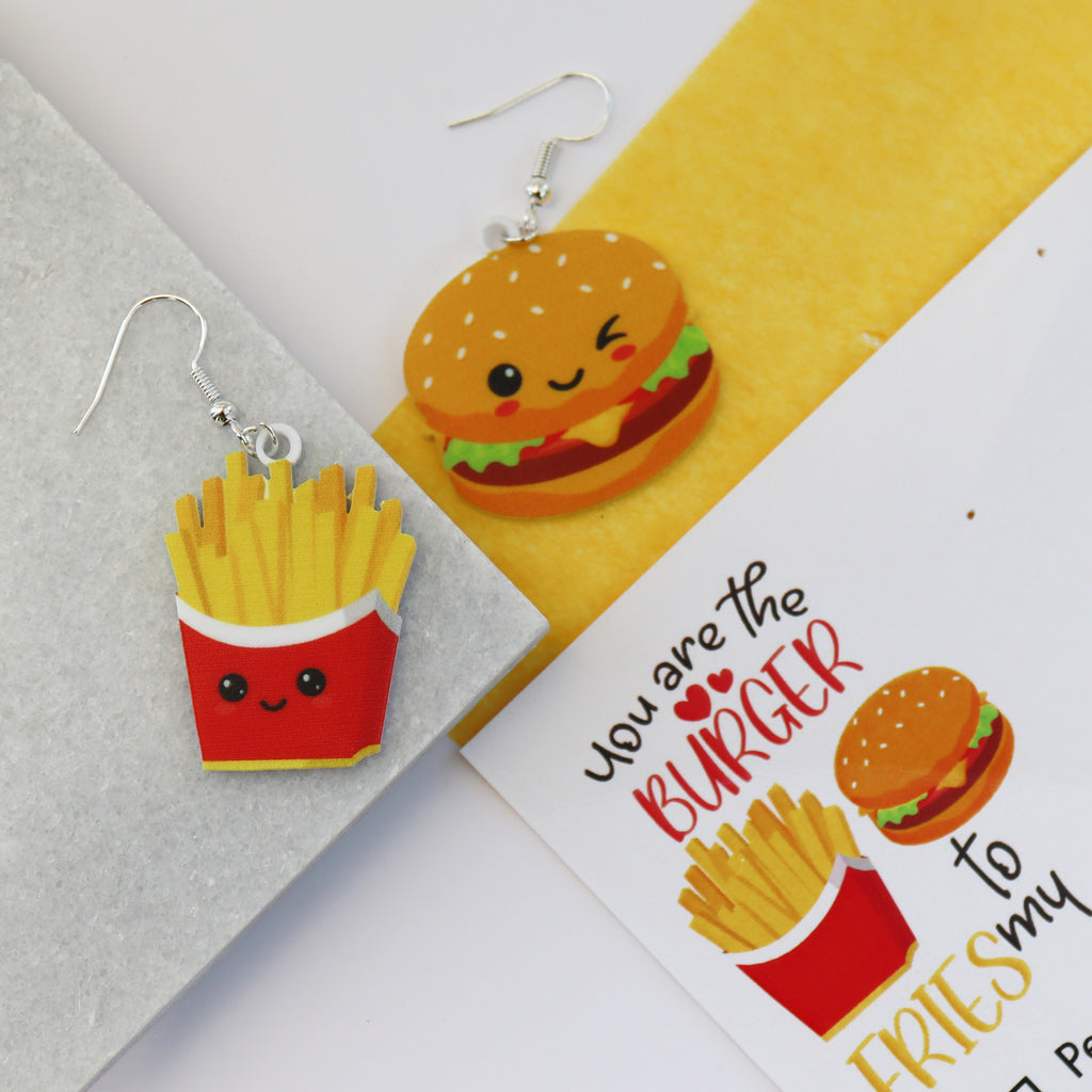 burger to my fries funny valentines earrings gift for her gift for him bright unusual earrings