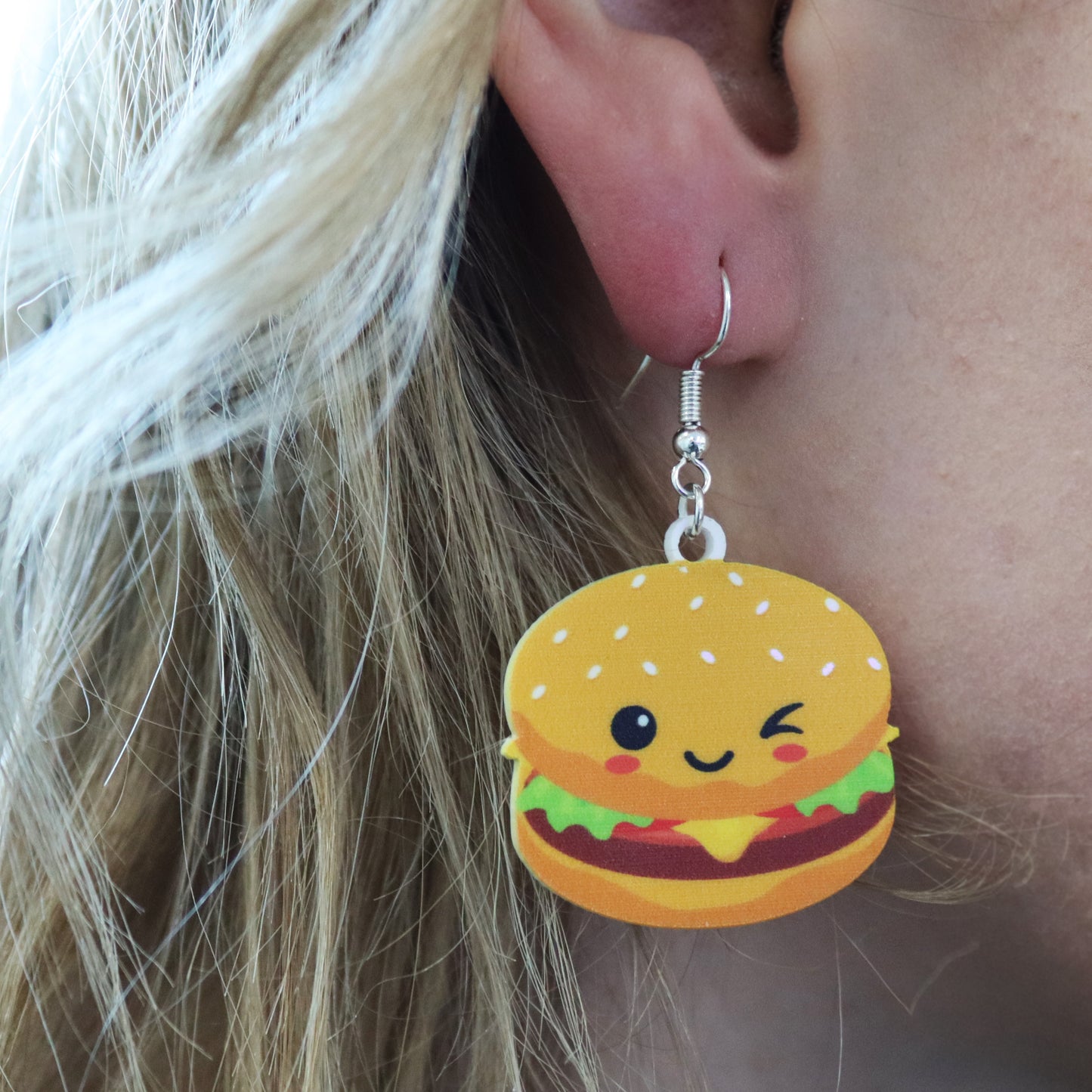 burger earring shown in ears