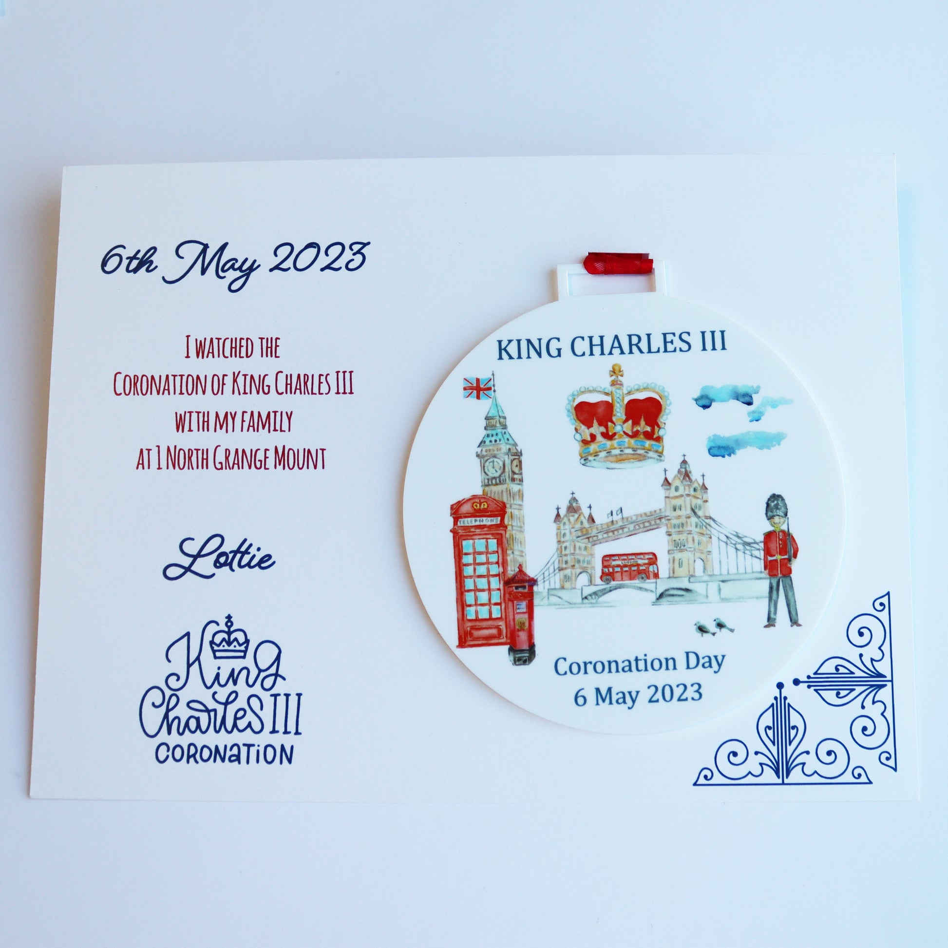 children's keepsake medal personalised certificate for king charles III coronation close up