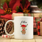 Personalised Christmas mug with festive character design and custom name, available in red or green colour options