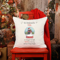 Personalised white Christmas Eve cushion cover reading 'It's Christmas Eve Bella' with a penguin snow globe