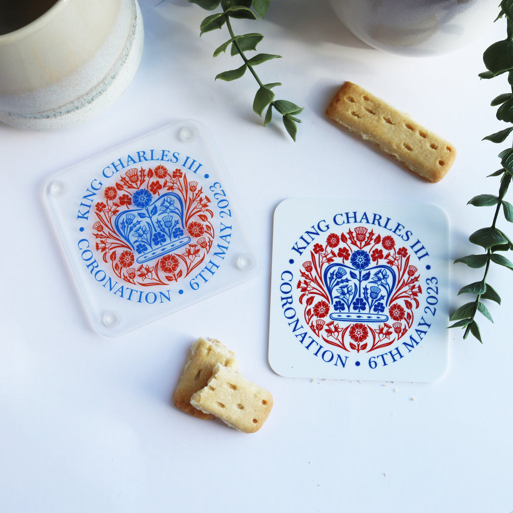 clear acrylic and white acrylic coronation coaster