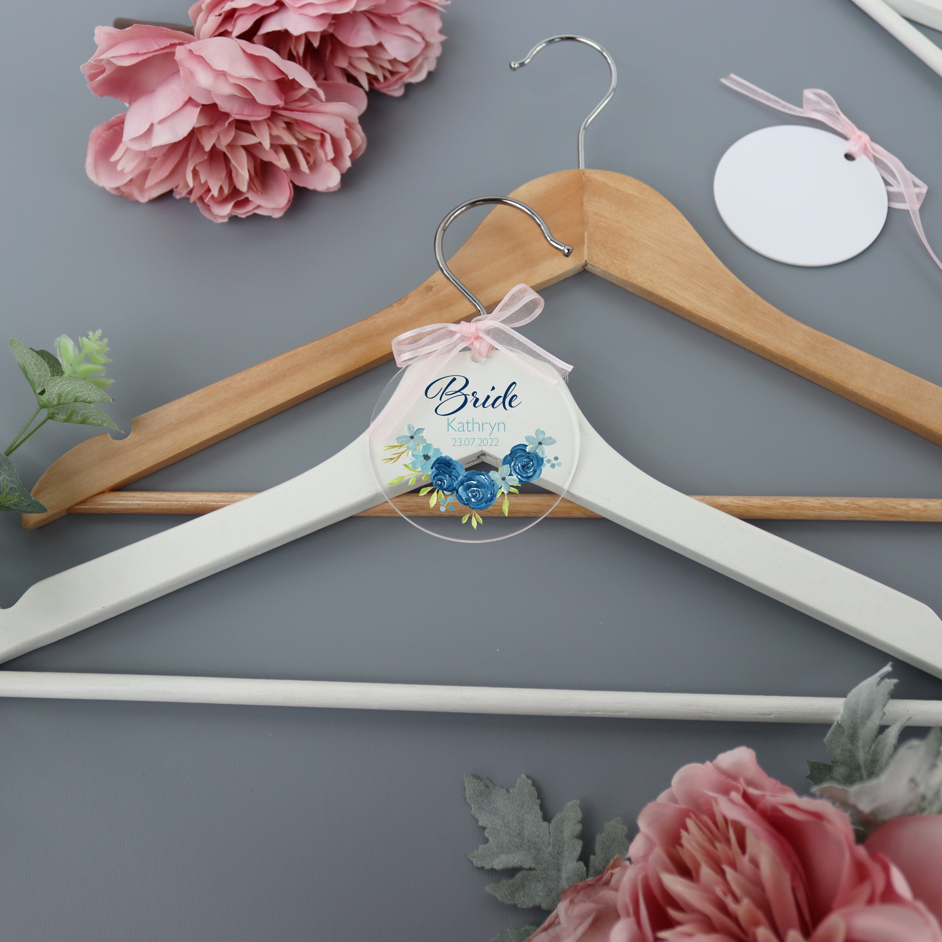 Personalised Clear Wedding Hanger Blue Rose