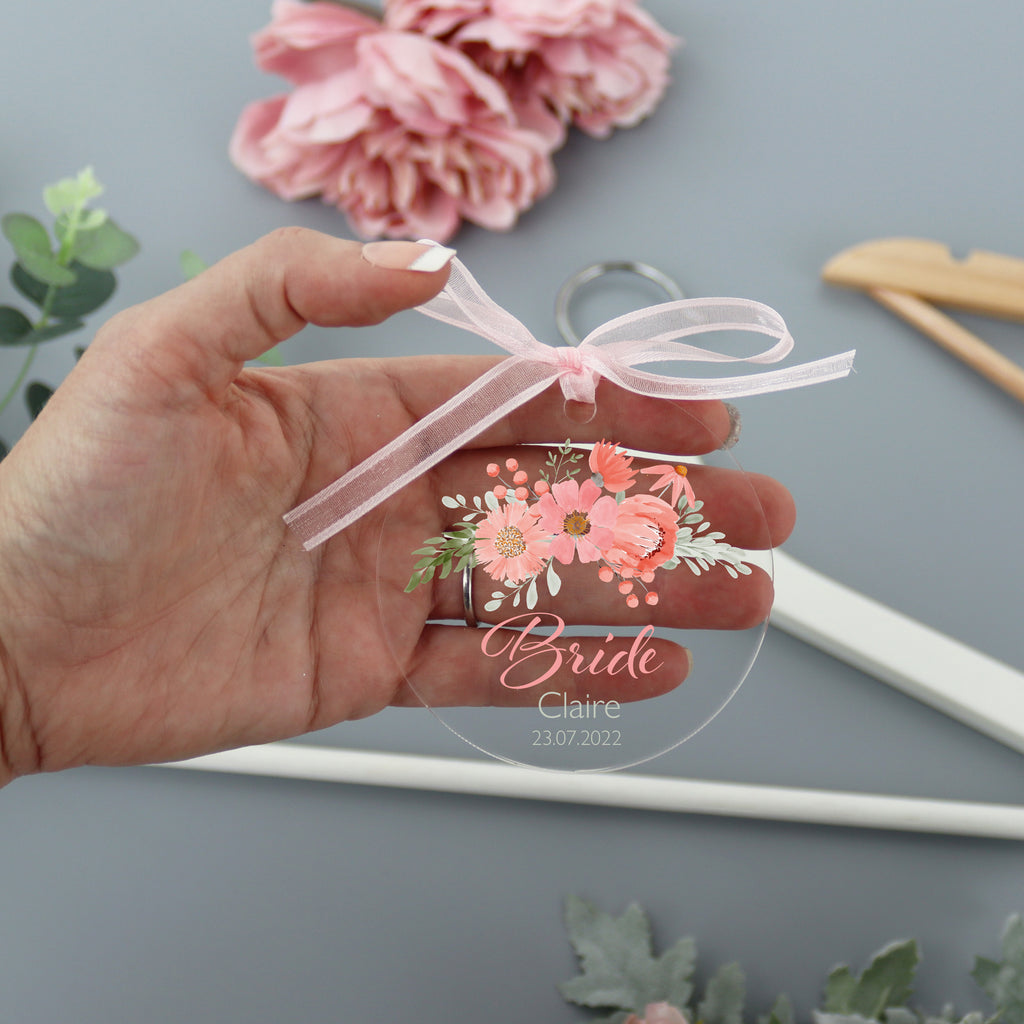 Personalised Clear Wedding Hanger Tag Peach And Pink