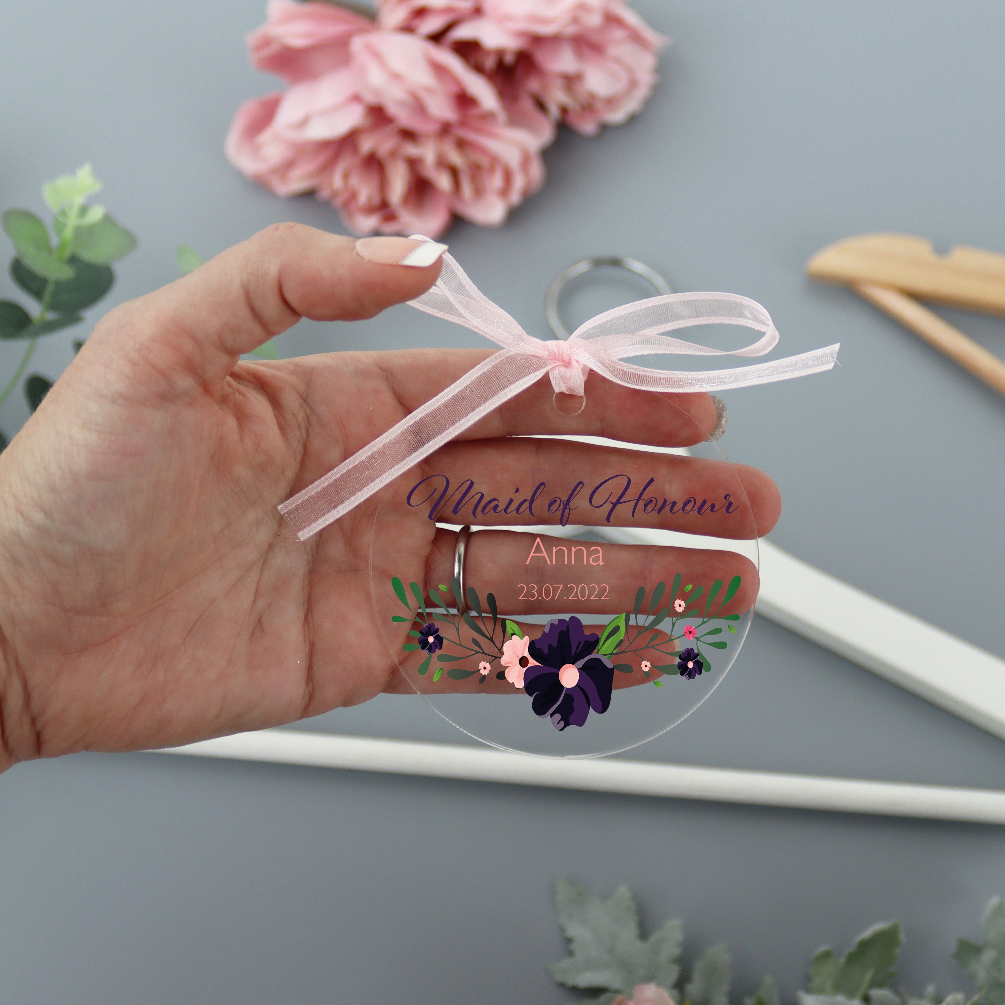 Personalised Clear Wedding Hanger Tag Purple