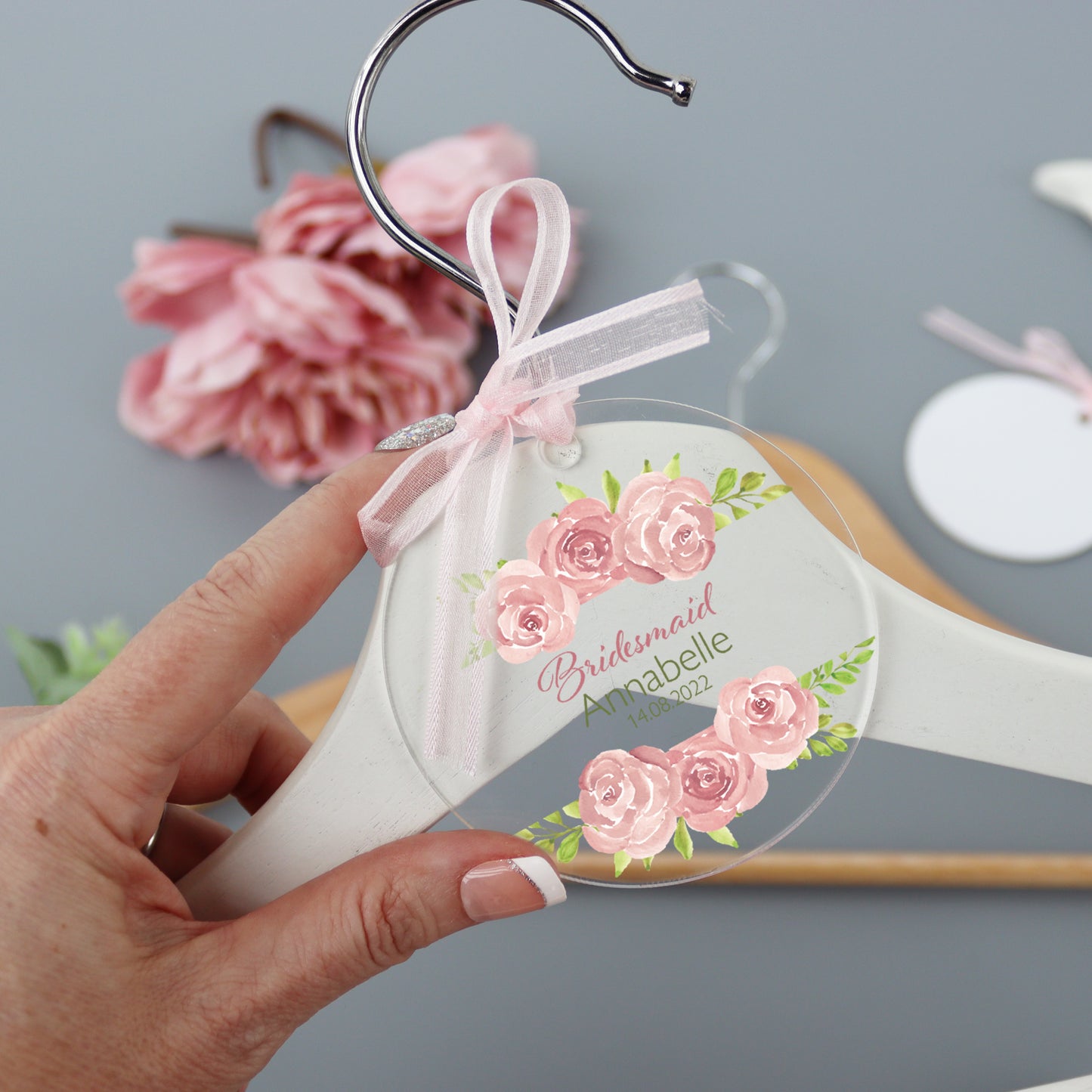 Personalised Clear Wedding Hanger Pink Rose