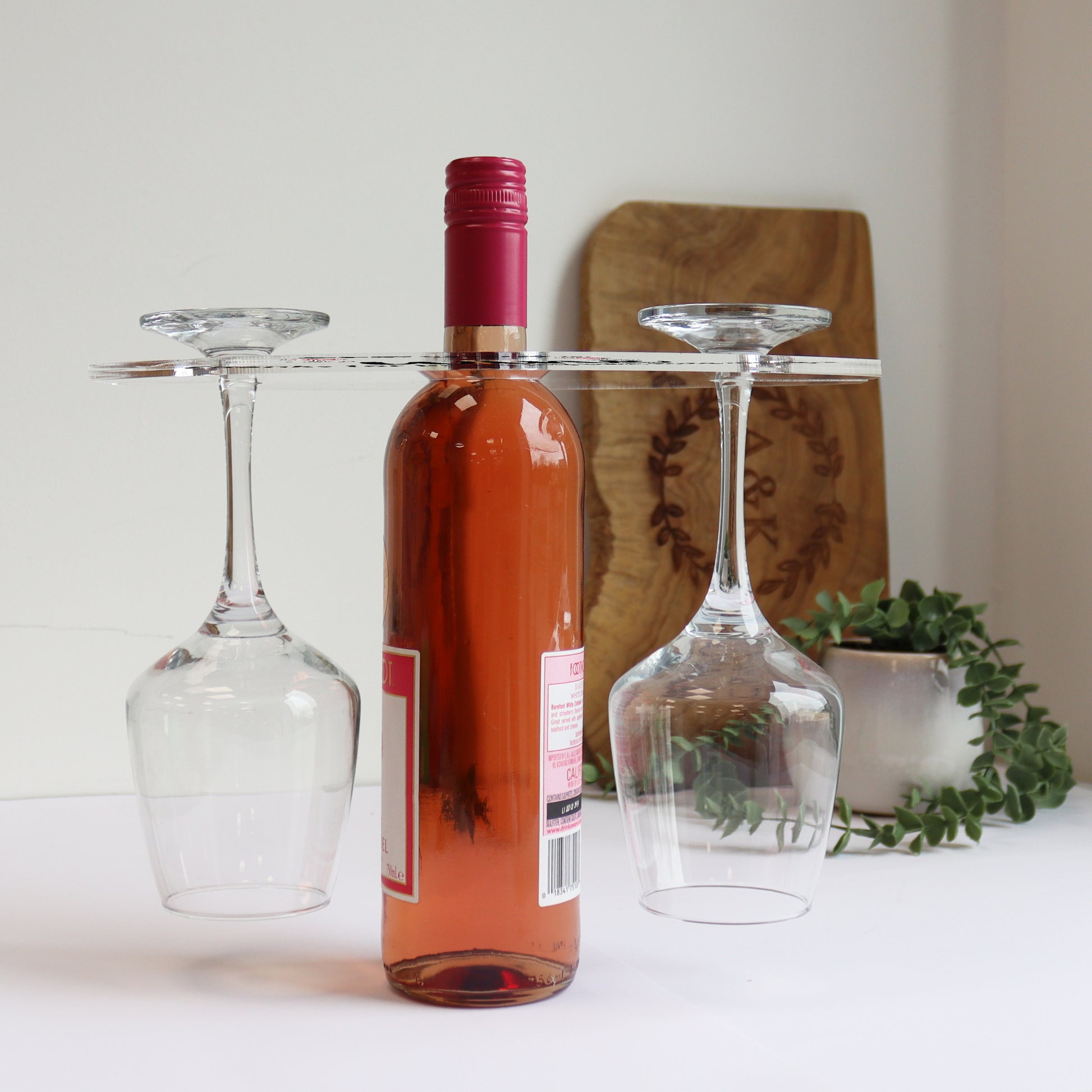 clear acyrlic simple wine bottle holder and two wine glasses personalised