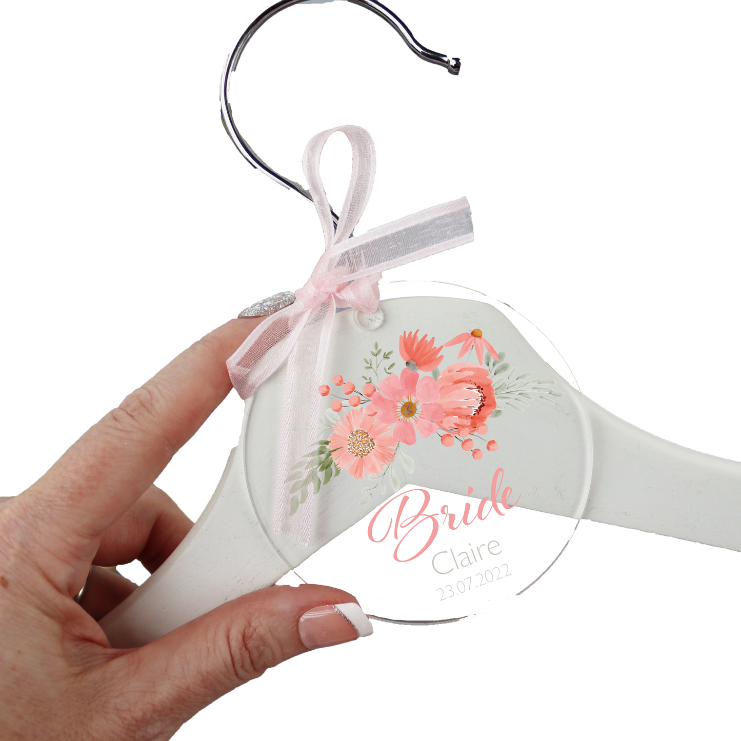 Personalised Clear Wedding Hanger Tag Peach And Pink
